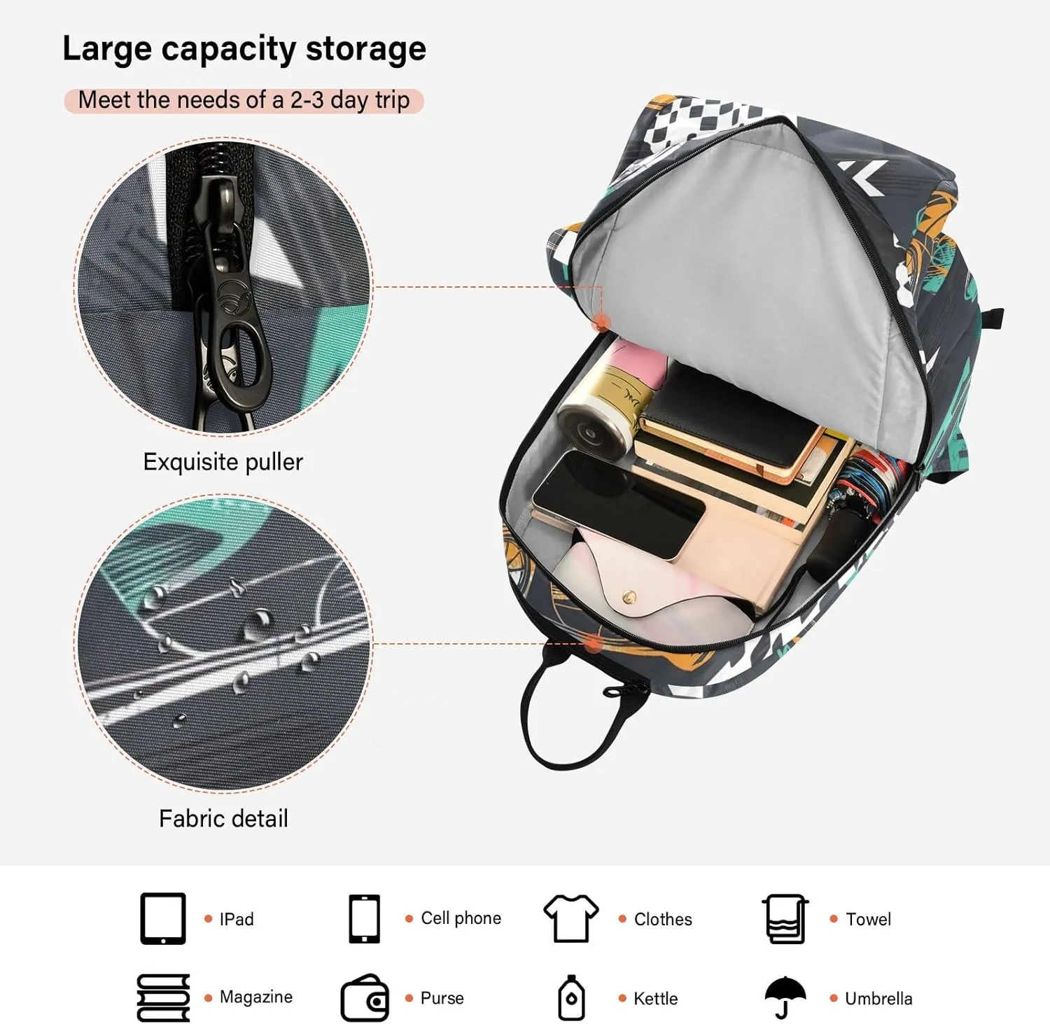 GAIGEO Basketball Sports Doodles Black Tennis Racket Backpack, Large Capacity Pickleball Holder, Various Storage Methods