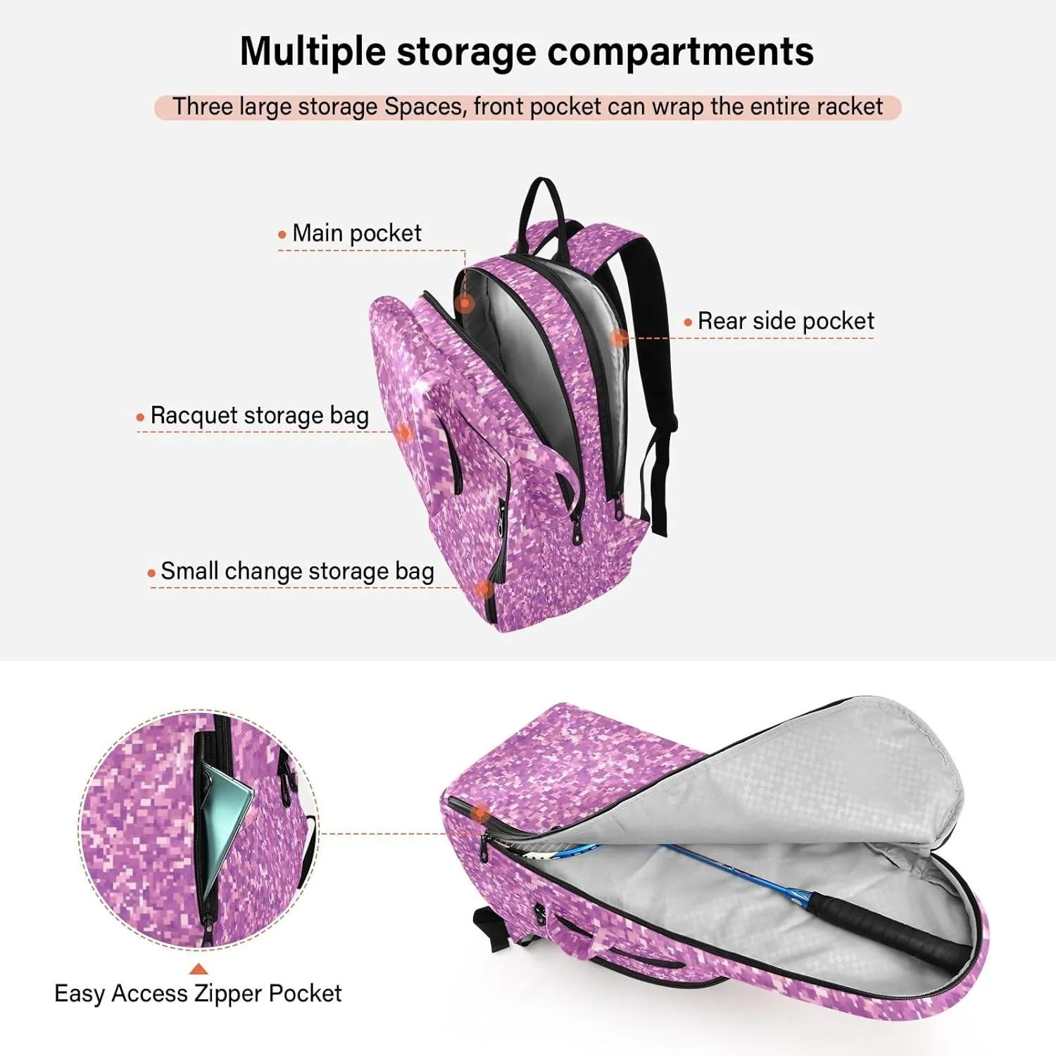 GAIGEO Silver Pink Glitter Tennis Racquet Bag, Multiple Storage Compartments, Foldable Racket Pocket