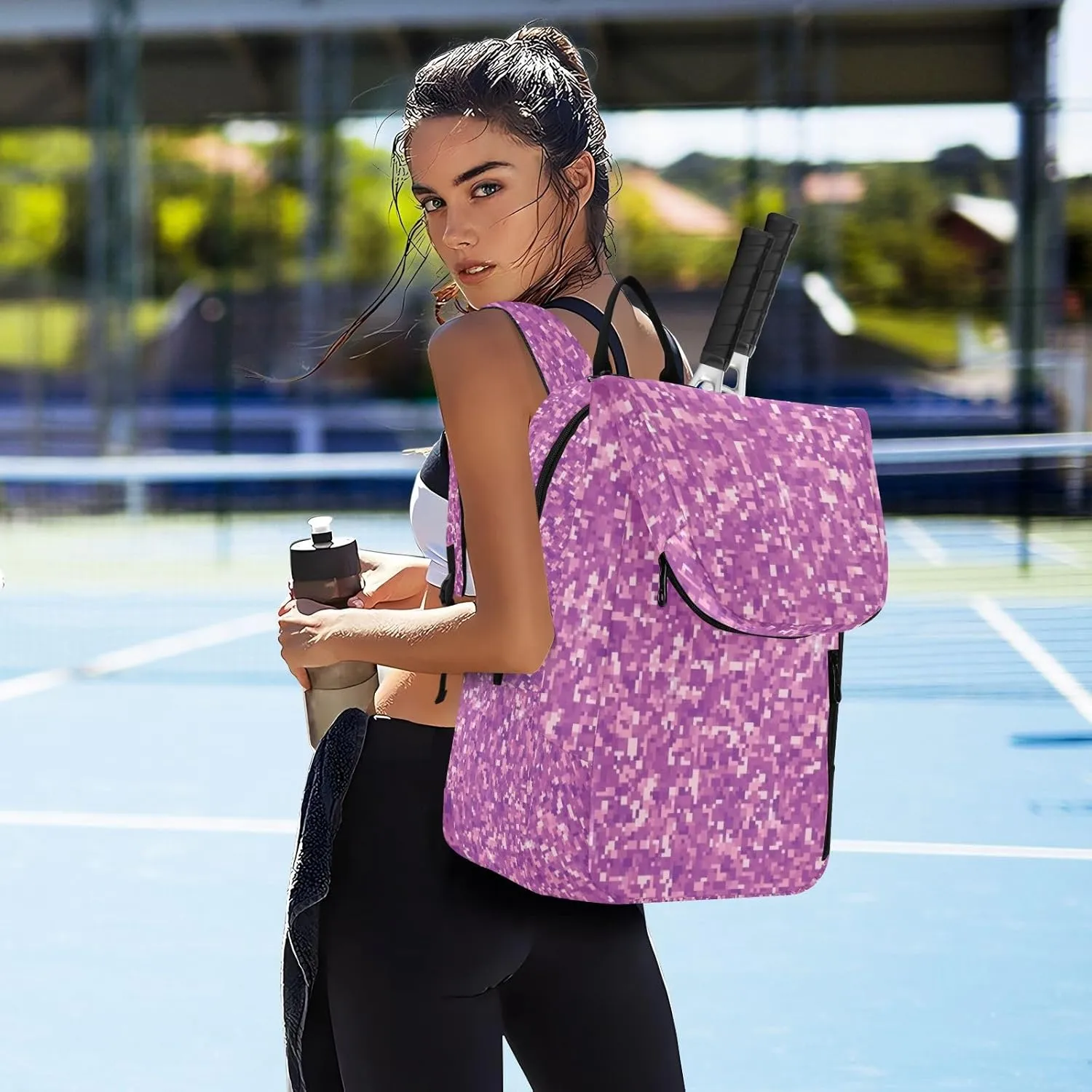 GAIGEO Silver Pink Glitter Tennis Racquet Bag, Multiple Storage Compartments, Foldable Racket Pocket