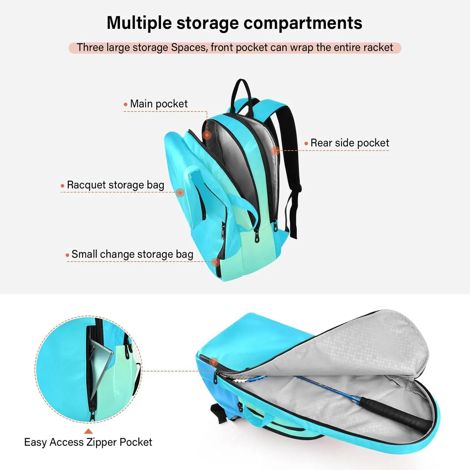 GAIGEO Turquoise Blue Purple Gradient Pickleball Bag, Large Capacity Gifts for Pickleball Lovers, Various Storage Methods