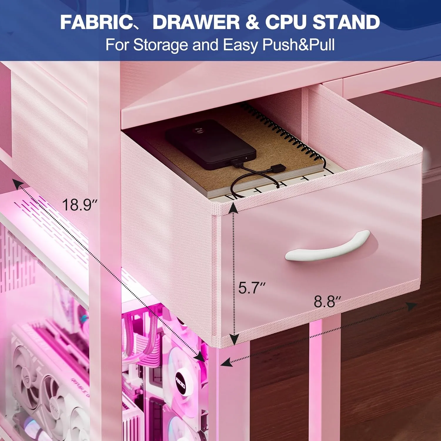 Gaming Desk 40 Inch with Power Outlet and LED Light, Computer Desk with Reversible Shelves and Storage Drawer, Pc Small Desk for Home Office Table with Bag, Carbon Fiber Pink