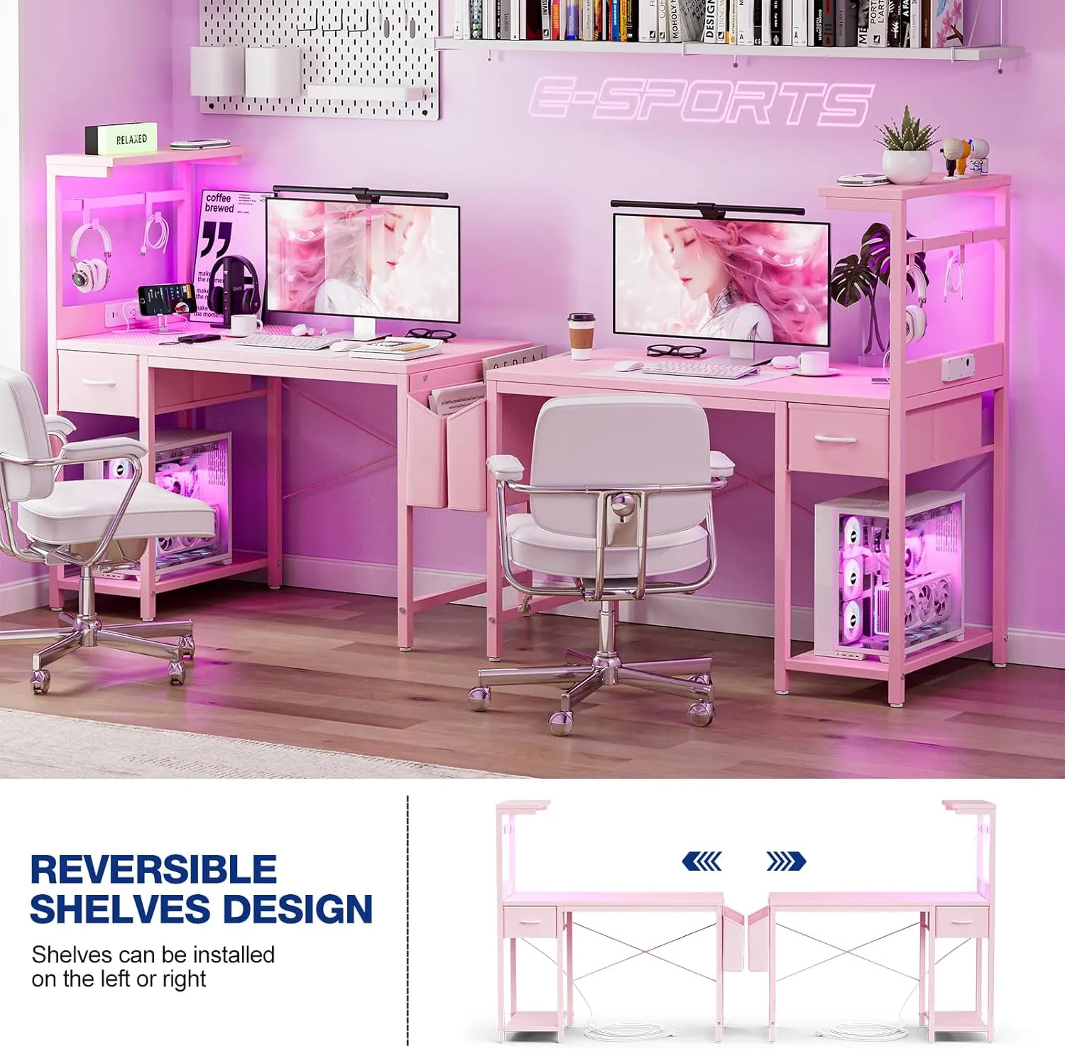 Gaming Desk 40 Inch with Power Outlet and LED Light, Computer Desk with Reversible Shelves and Storage Drawer, Pc Small Desk for Home Office Table with Bag, Carbon Fiber Pink