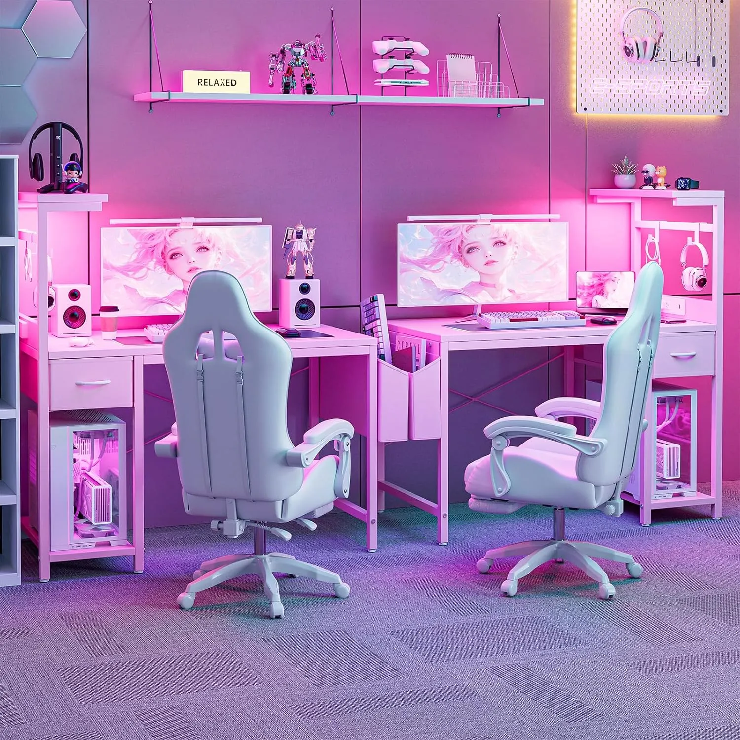Gaming Desk 40 Inch with Power Outlet and LED Light, Computer Desk with Reversible Shelves and Storage Drawer, Pc Small Desk for Home Office Table with Bag, Carbon Fiber Pink