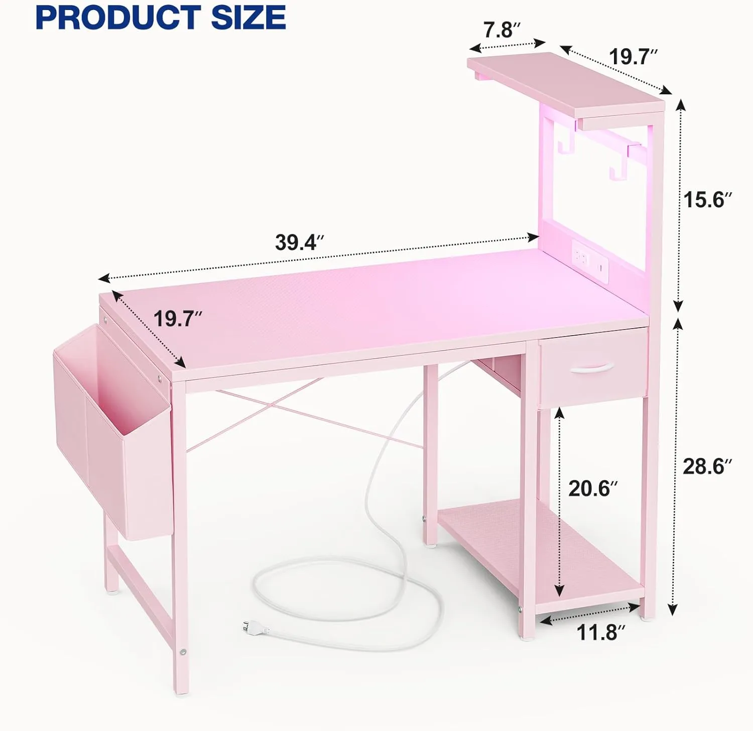 Gaming Desk 40 Inch with Power Outlet and LED Light, Computer Desk with Reversible Shelves and Storage Drawer, Pc Small Desk for Home Office Table with Bag, Carbon Fiber Pink