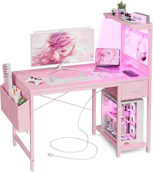Gaming Desk 40 Inch with Power Outlet and LED Light, Computer Desk with Reversible Shelves and Storage Drawer, Pc Small Desk for Home Office Table with Bag, Carbon Fiber Pink