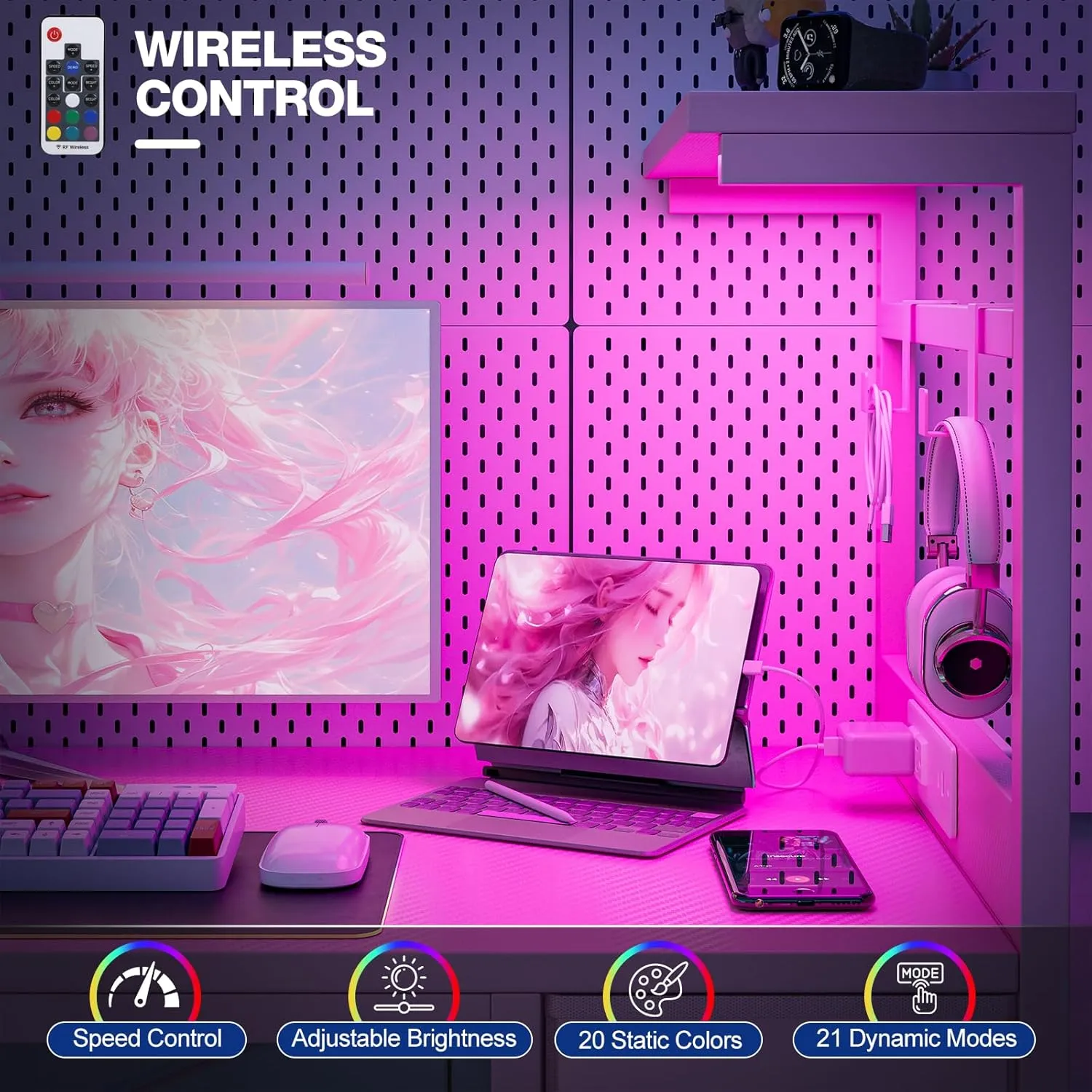 Gaming Desk 40 Inch with Power Outlet and LED Light, Computer Desk with Reversible Shelves and Storage Drawer, Pc Small Desk for Home Office Table with Bag, Carbon Fiber Pink