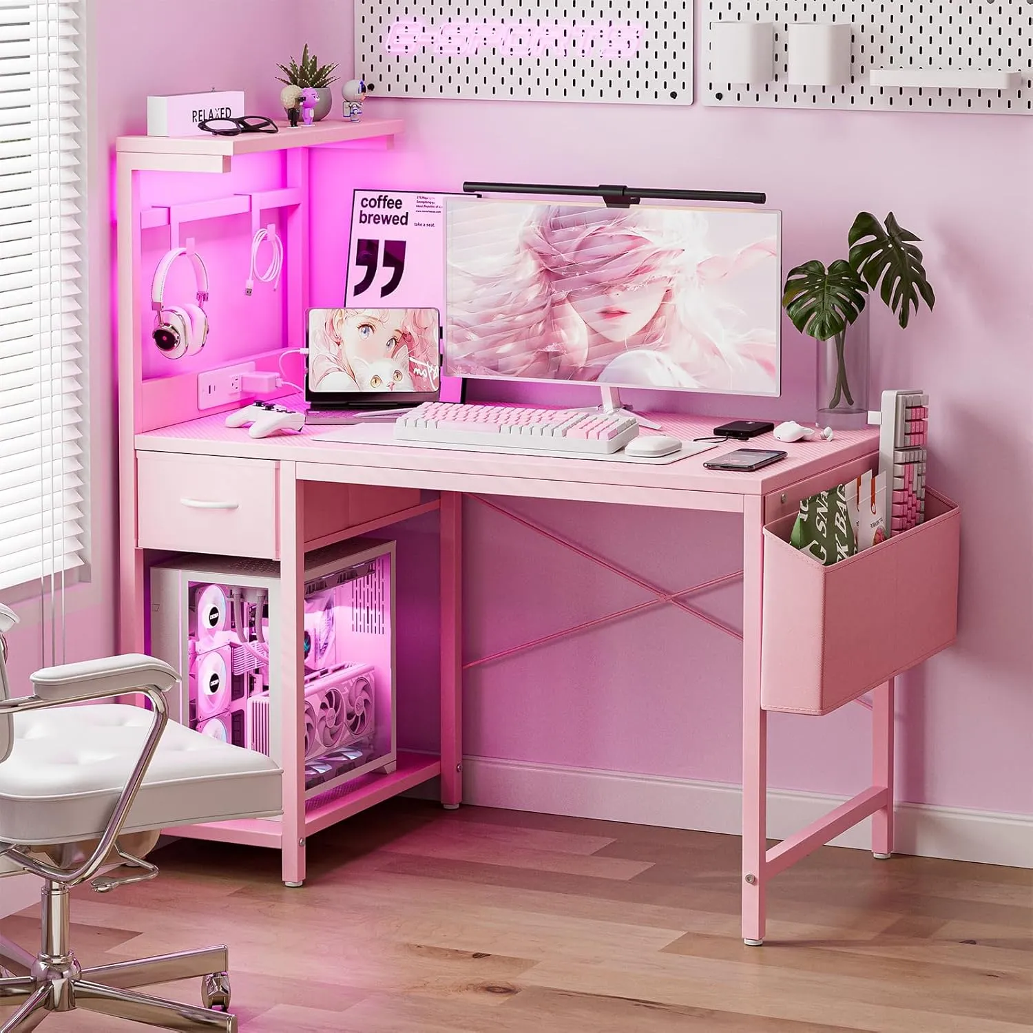 Gaming Desk 40 Inch with Power Outlet and LED Light, Computer Desk with Reversible Shelves and Storage Drawer, Pc Small Desk for Home Office Table with Bag, Carbon Fiber Pink