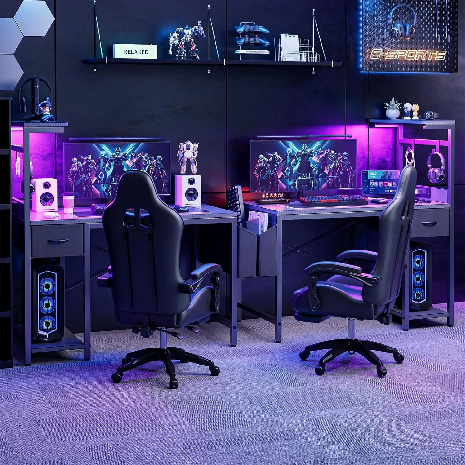 Gaming Desk 40 Inch with Power Outlet and LED Light, Computer Desk with Reversible Shelves and Storage Drawer, Pc Workstation for Home Office with Bag, Carbon Fiber Grey