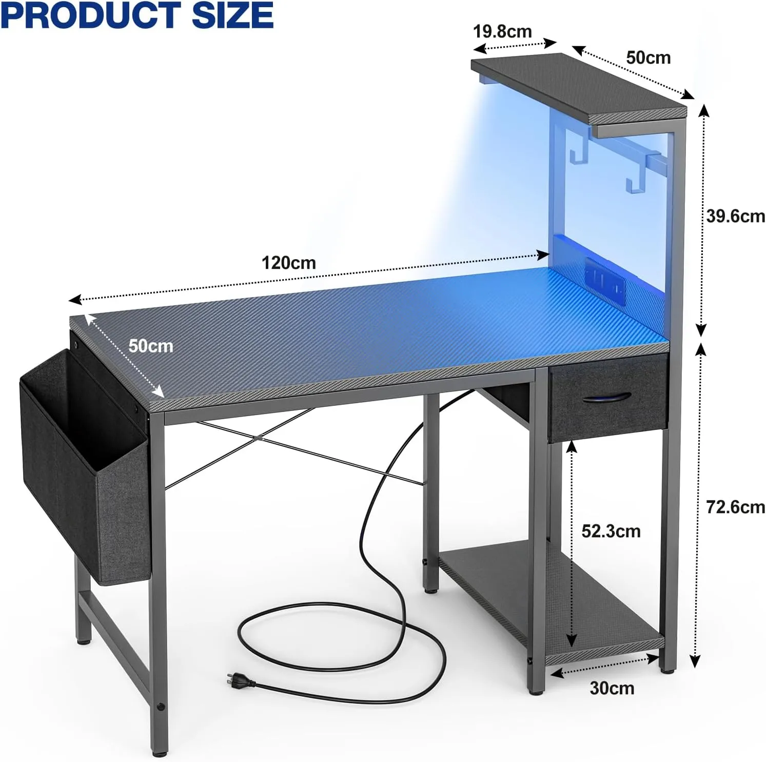 Gaming Desk 47 Inch with Power Outlet and LED Light, Computer Desk with Reversible Shelves and Storage Drawer, Pc Small Desk for Home Office Table with Bag, Carbon Fiber Grey
