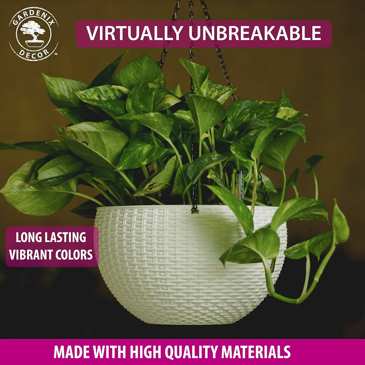 GARDENIX DECOR 11'' Self Watering Hanging planters for Indoor Plants - Flower Pot with Water Level Indicator for Plants, Hanging pots - Self Watering Planter Plant Pot-Coco Coir- Round 1 Pack - White