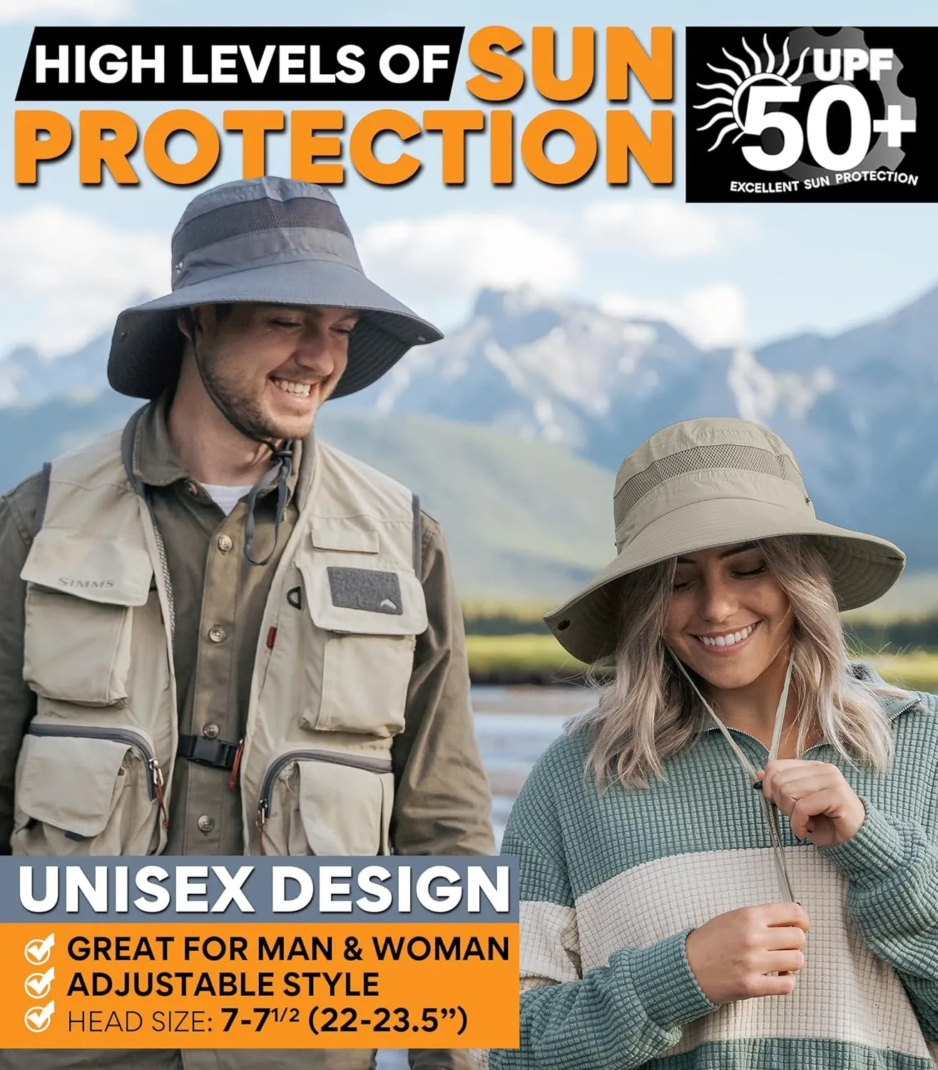 GearTOP UPF 50  Wide Brim Sun Hat Fishing Hat Khaki & Sun Hat with Mosquito Net Head Net Hat Garden Hat Men & Women Dark Grey Bundle