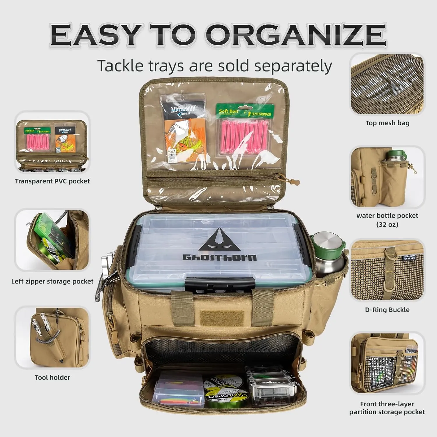 Ghosthorn Fishing Tackle Bags Salt Water Resistant Tackle Box Bag -large capacity tackle storage