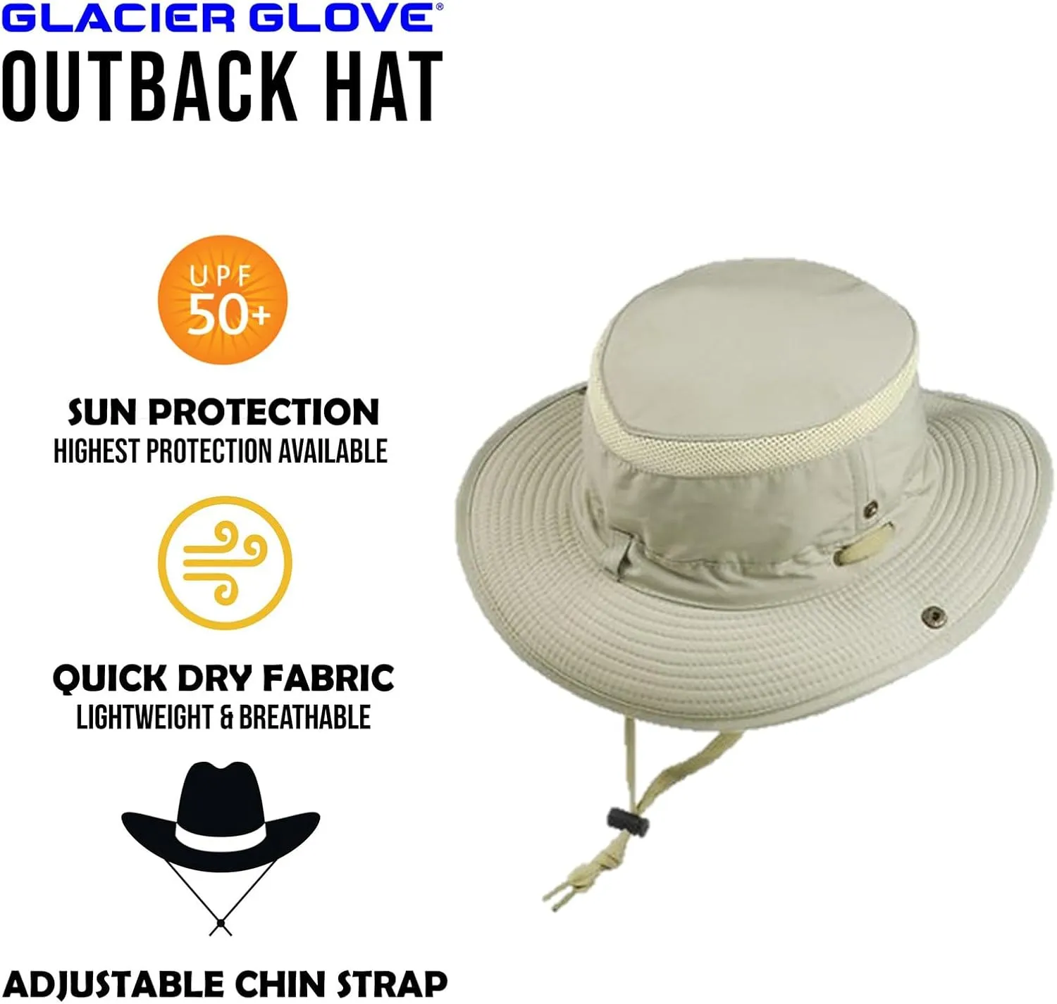 Glacier Glove Unisex Outback UPF 50  Sun Breathable Cooling Lightweight Fishing Hat with Full Brim, Chin Strap Velcro Pocket