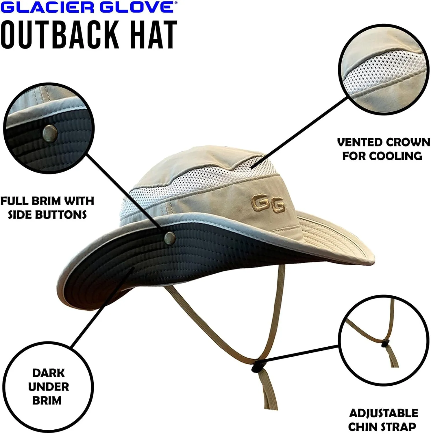 Glacier Glove Unisex Outback UPF 50  Sun Breathable Cooling Lightweight Fishing Hat with Full Brim, Chin Strap Velcro Pocket