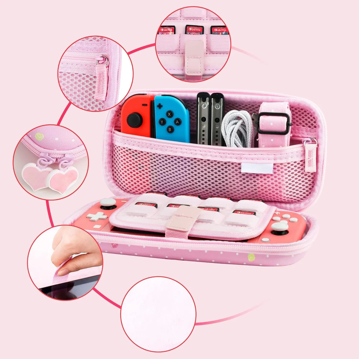 GLDRAM Cute Bunny Case for Nintendo Switch Lite, Pink Travel Carrying Case for Switch Lite Accessories Bundle with Soft TPU Protective Cover, Screen Protector, Thumb Caps & Shoulder Strap for Girls