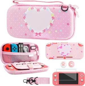 GLDRAM Cute Bunny Case for Nintendo Switch Lite, Pink Travel Carrying Case for Switch Lite Accessories Bundle with Soft TPU Protective Cover, Screen Protector, Thumb Caps & Shoulder Strap for Girls
