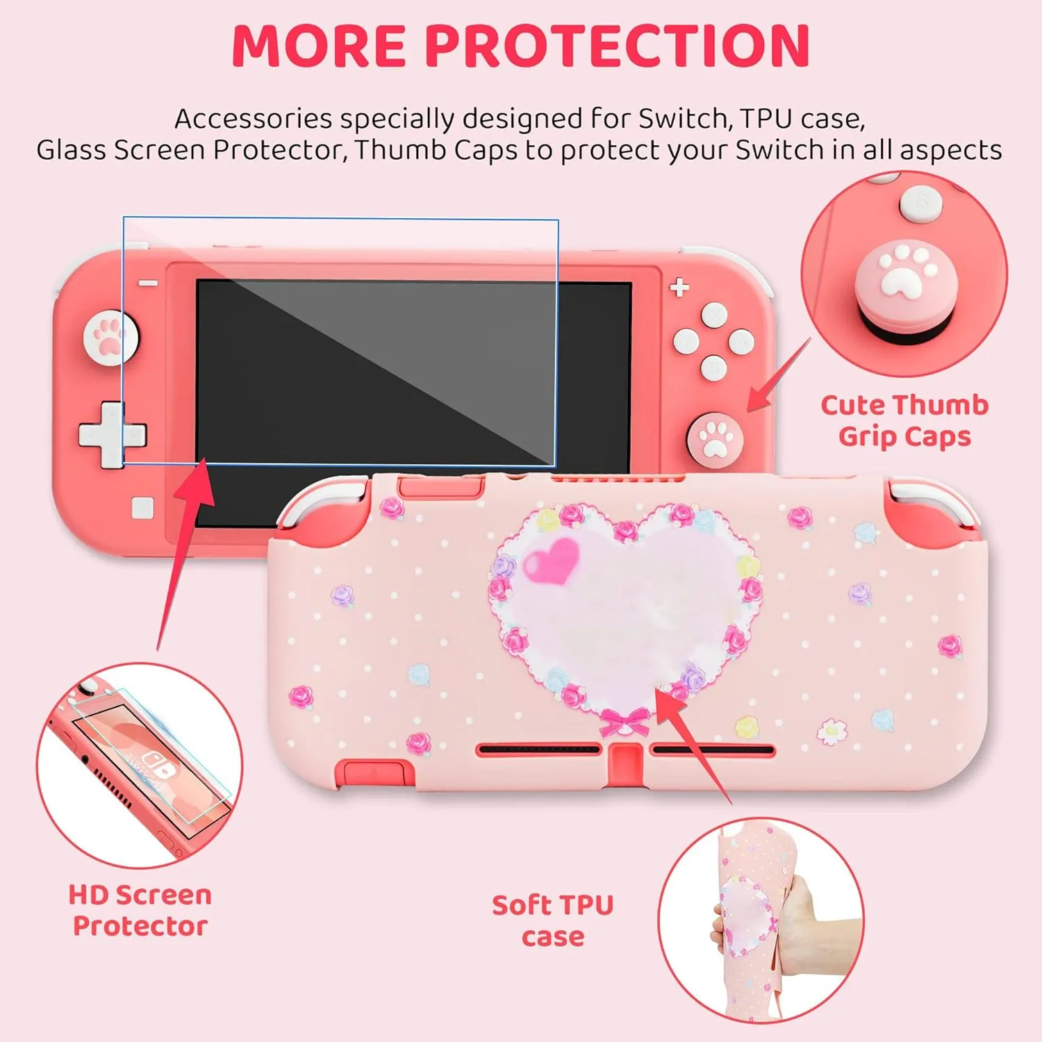 GLDRAM Cute Bunny Case for Nintendo Switch Lite, Pink Travel Carrying Case for Switch Lite Accessories Bundle with Soft TPU Protective Cover, Screen Protector, Thumb Caps & Shoulder Strap for Girls