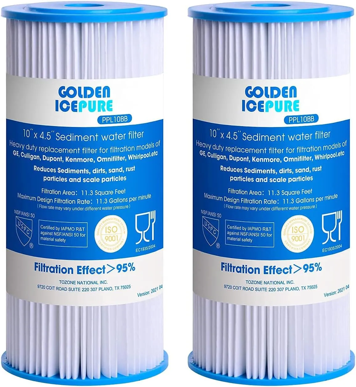 GOLDEN ICEPURE PPL10BB, 5 Micron 10" x 4.5" Whole House Sediment Pleated Water Filter, Compatible with DuPont WFHDC3001, GE FXHSC, Culligan R50-BBSA, R50-BB, W50PEHD, GXWH40L, CP5-BBS 2-PACK
