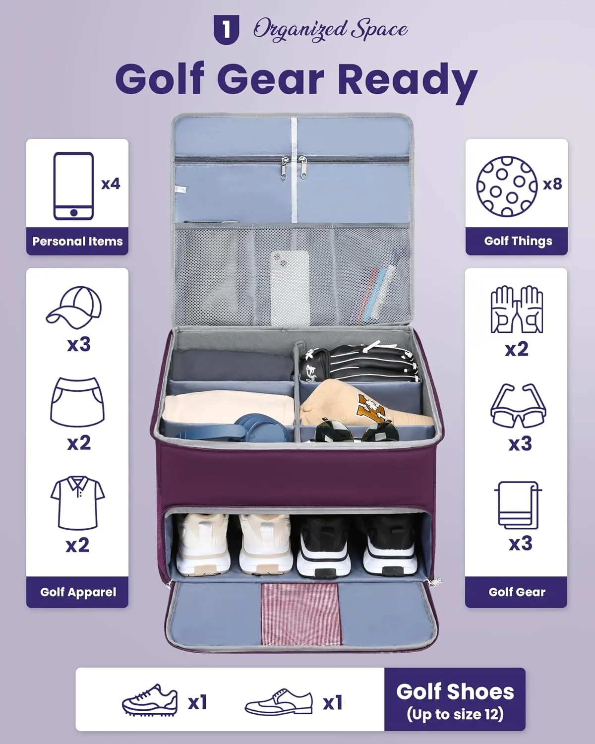 Golf Trunk Organizer for Golf Shoes Clothes Gloves Hats Large Collapsible Golf Storage Box with 4 Dividers Water-Resistant Golf Shoe Bag for 2 Pair of Shoes Golfing Accessories for Men Women Golfers