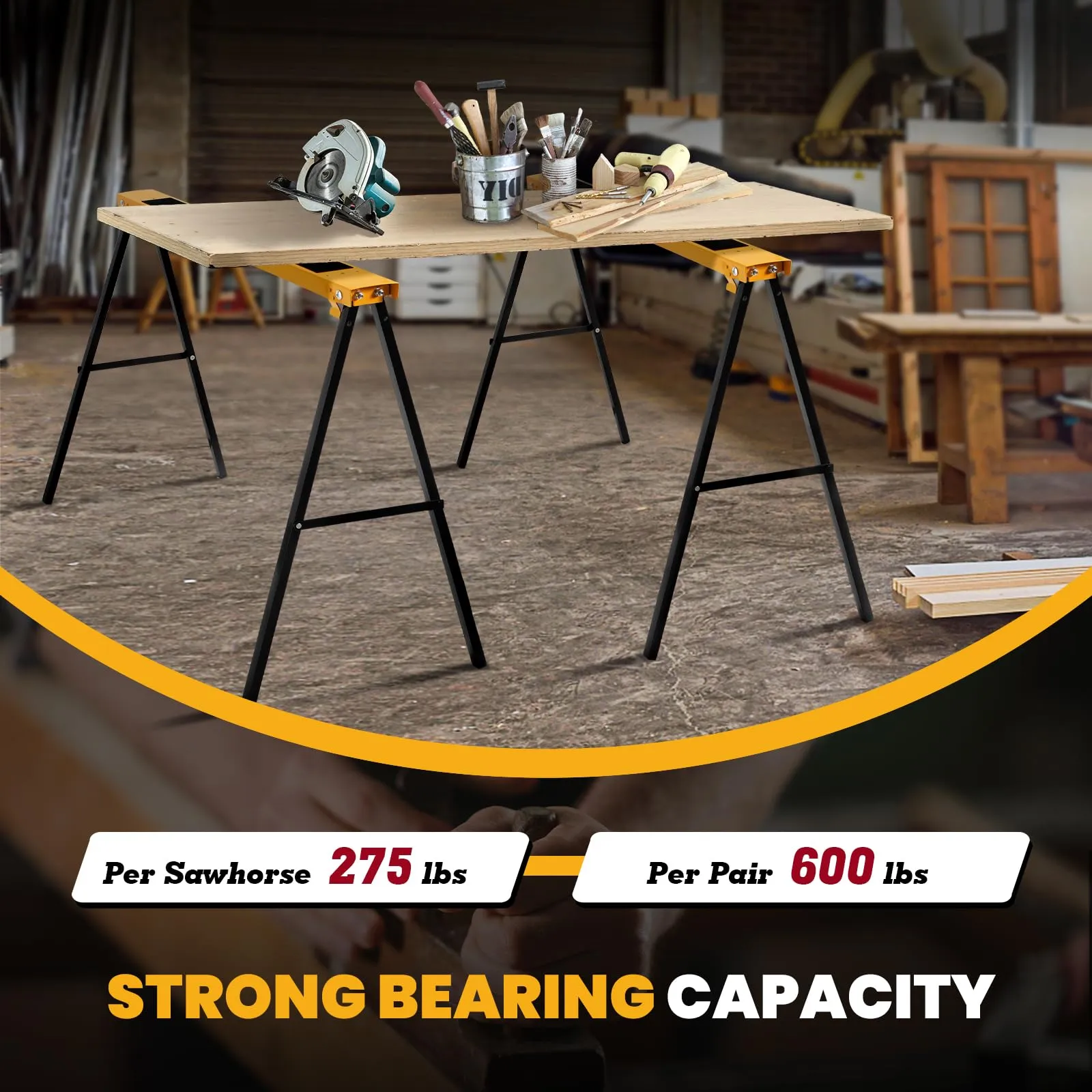Goplus Saw Horses 2 Pack Folding, Portable Sawhorse with Fast Open Legs, Convenient Handle. Heavy Duty Steel Sawhorse for Woodworking, Carpenters,