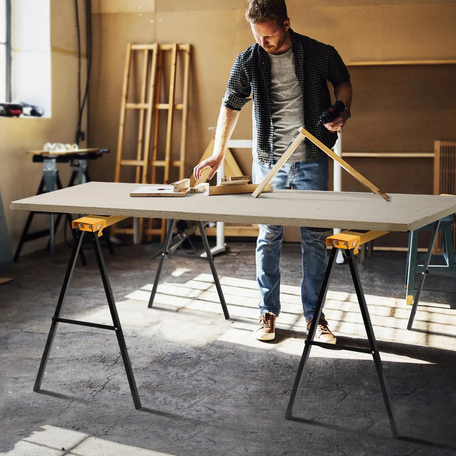 Goplus Saw Horses 2 Pack Folding, Portable Sawhorse with Fast Open Legs, Convenient Handle. Heavy Duty Steel Sawhorse for Woodworking, Carpenters,