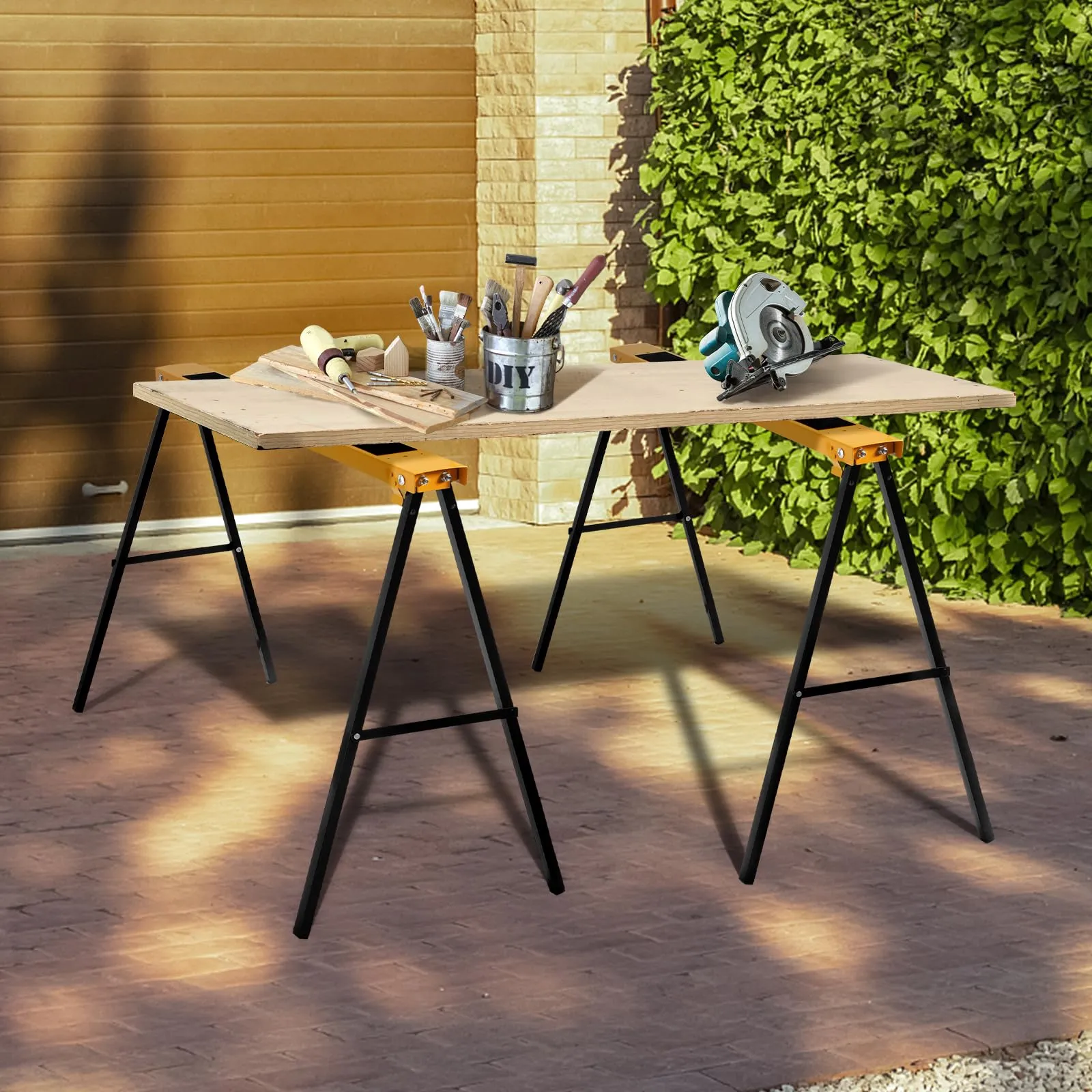 Goplus Saw Horses 2 Pack Folding, Portable Sawhorse with Fast Open Legs, Convenient Handle. Heavy Duty Steel Sawhorse for Woodworking, Carpenters,
