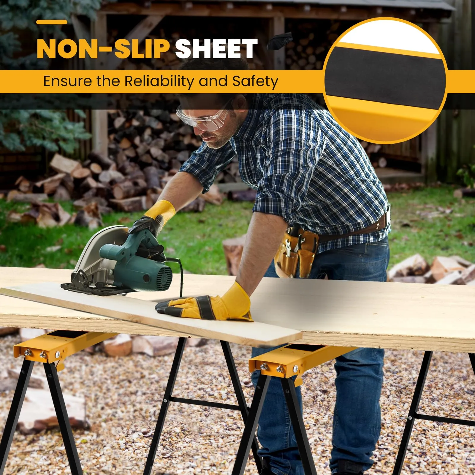 Goplus Saw Horses 2 Pack Folding, Portable Sawhorse with Fast Open Legs, Convenient Handle. Heavy Duty Steel Sawhorse for Woodworking, Carpenters,