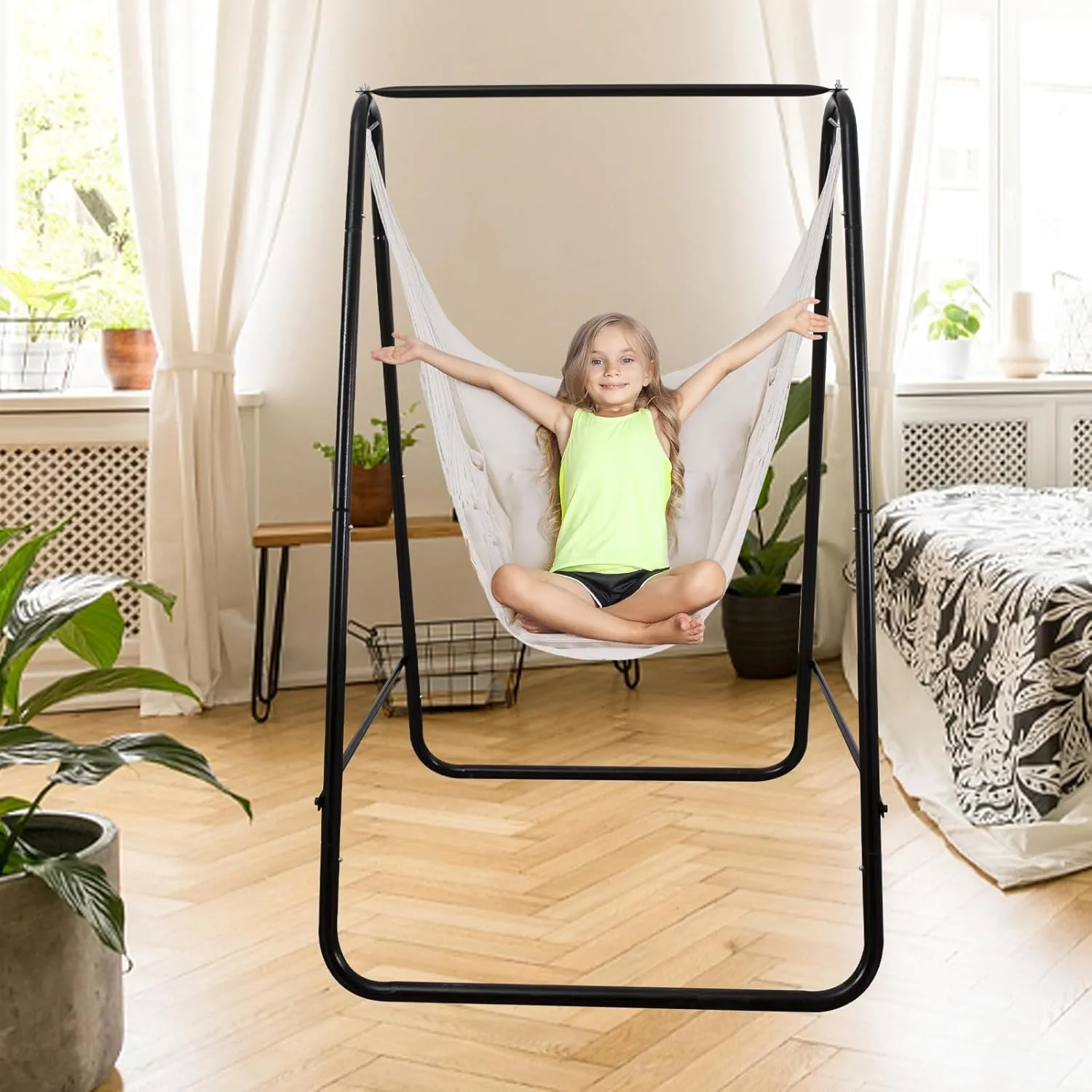 Goutime Hammock Chair, Boho Hanging Rope Ceiling Swing, Macrame Hanging Swinging Chair for Indoor,Outdoor,Bedroom,Outside,Garden,Balcony,Yard,Deck,Max 330 Lbs,Beige