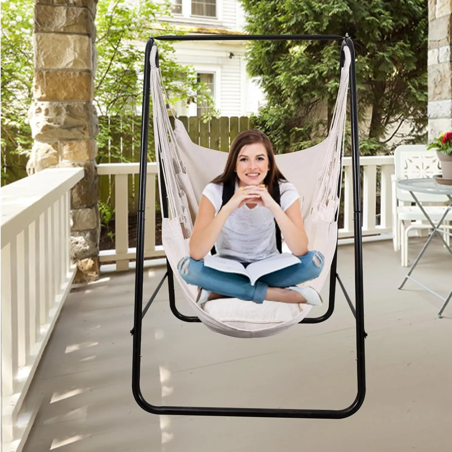 Goutime Hammock Chair, Boho Hanging Rope Ceiling Swing, Macrame Hanging Swinging Chair for Indoor,Outdoor,Bedroom,Outside,Garden,Balcony,Yard,Deck,Max 330 Lbs,Beige