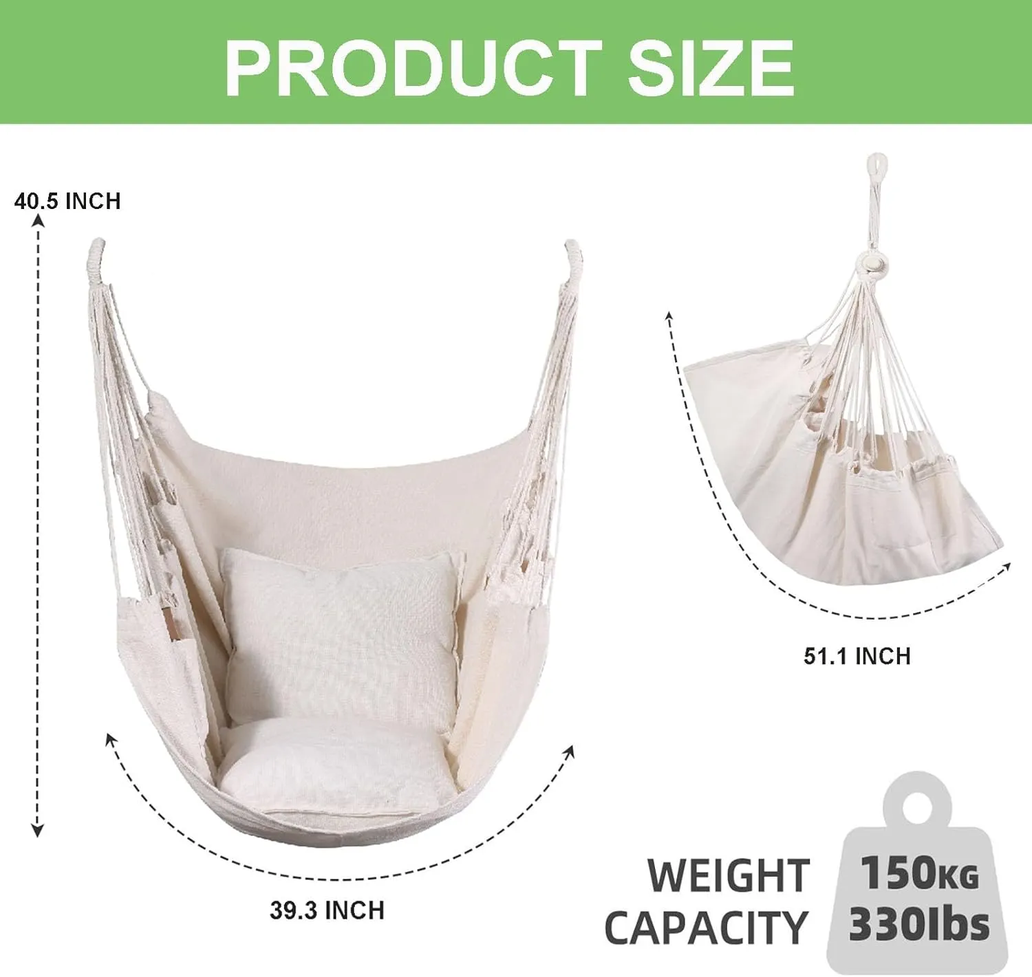 Goutime Hammock Chair, Boho Hanging Rope Ceiling Swing, Macrame Hanging Swinging Chair for Indoor,Outdoor,Bedroom,Outside,Garden,Balcony,Yard,Deck,Max 330 Lbs,Beige