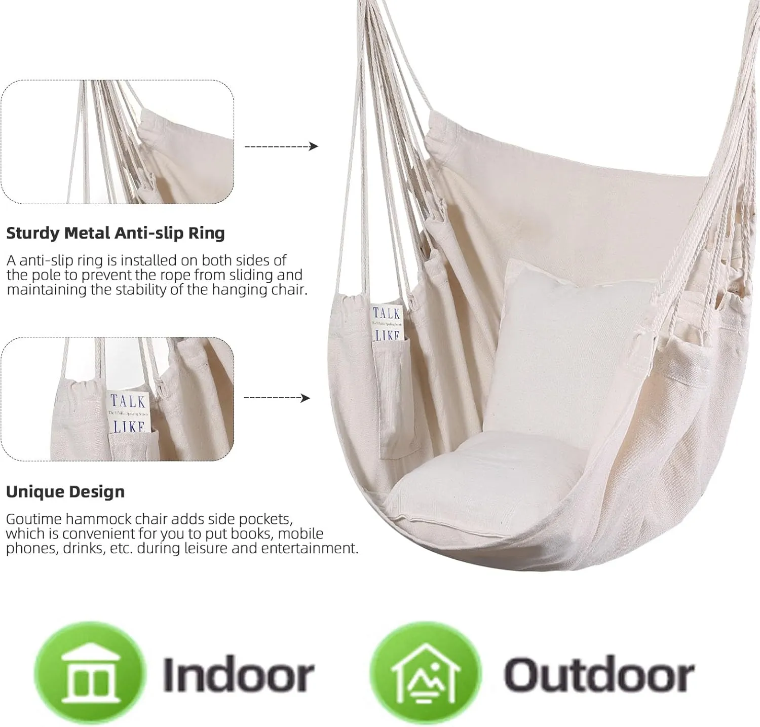 Goutime Hammock Chair, Boho Hanging Rope Ceiling Swing, Macrame Hanging Swinging Chair for Indoor,Outdoor,Bedroom,Outside,Garden,Balcony,Yard,Deck,Max 330 Lbs,Beige