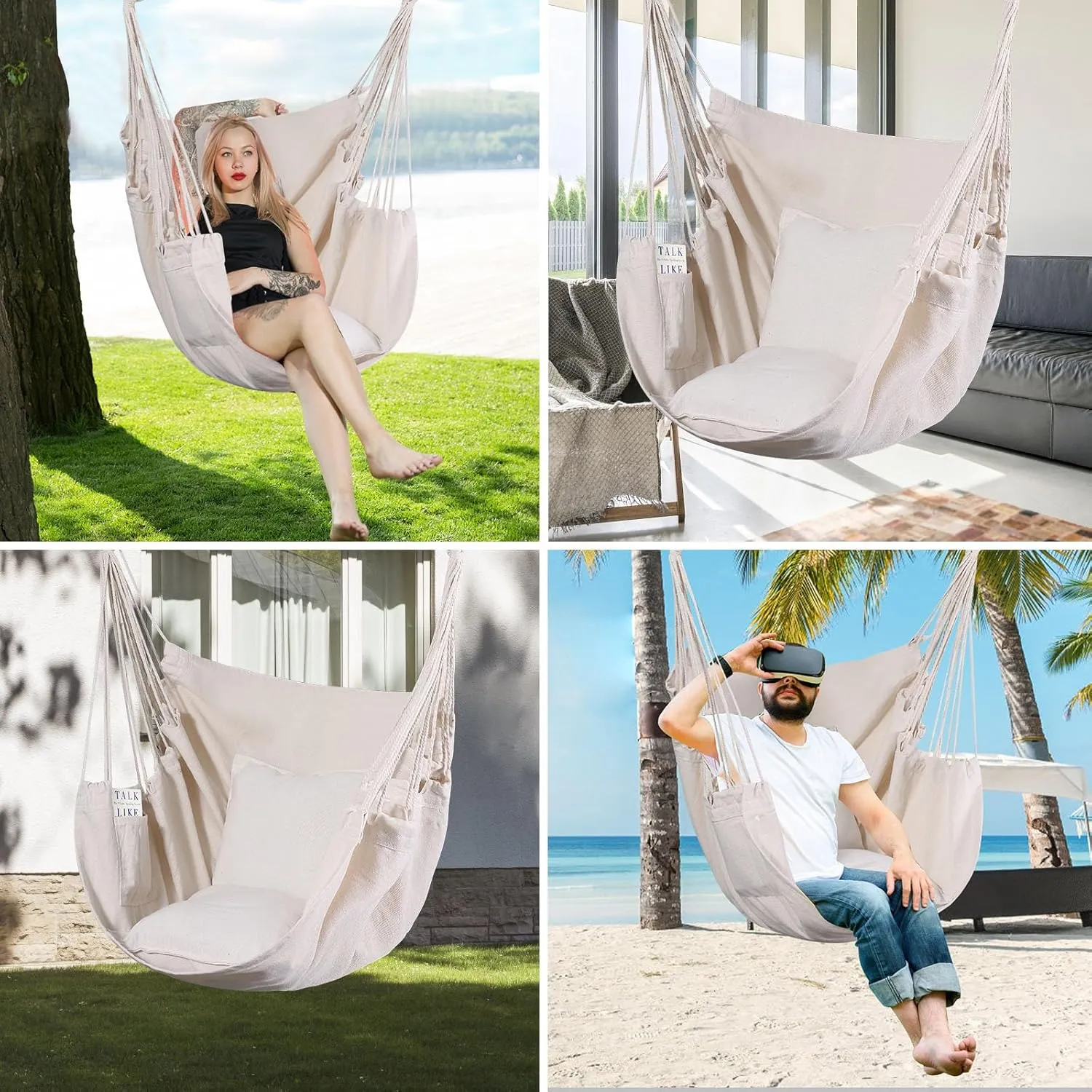 Goutime Hammock Chair, Boho Hanging Rope Ceiling Swing, Macrame Hanging Swinging Chair for Indoor,Outdoor,Bedroom,Outside,Garden,Balcony,Yard,Deck,Max 330 Lbs,Beige