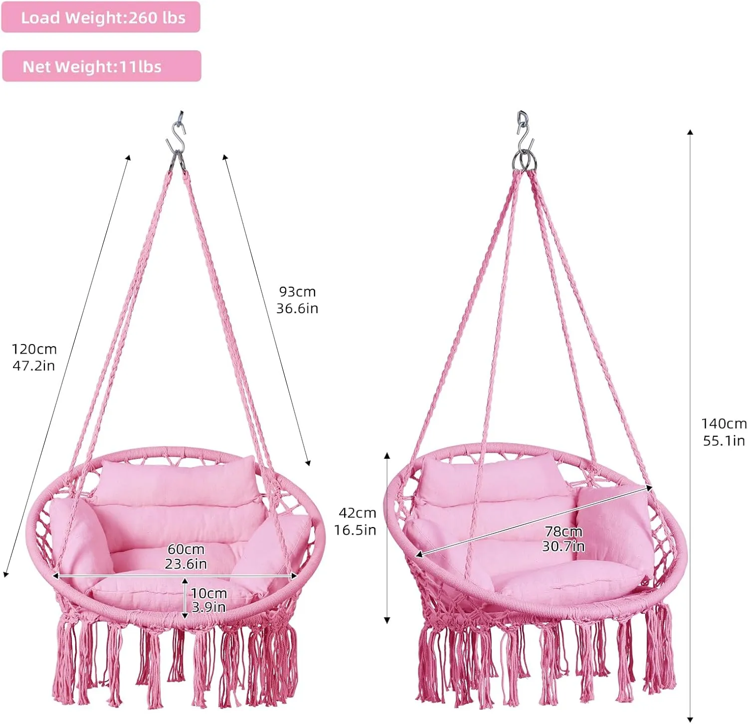 Goutime Hammock Chair with Hanging Hardware Kit and Back Cushions,Macrame Boho Swing Chairs for Indoor,Outdoor,Bedroom,Patio (Pink)