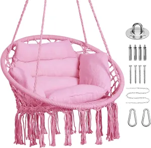Goutime Hammock Chair with Hanging Hardware Kit and Back Cushions,Macrame Boho Swing Chairs for Indoor,Outdoor,Bedroom,Patio (Pink)