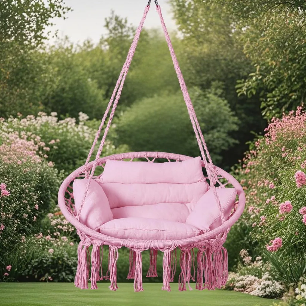 Goutime Hammock Chair with Hanging Hardware Kit and Back Cushions,Macrame Boho Swing Chairs for Indoor,Outdoor,Bedroom,Patio (Pink)