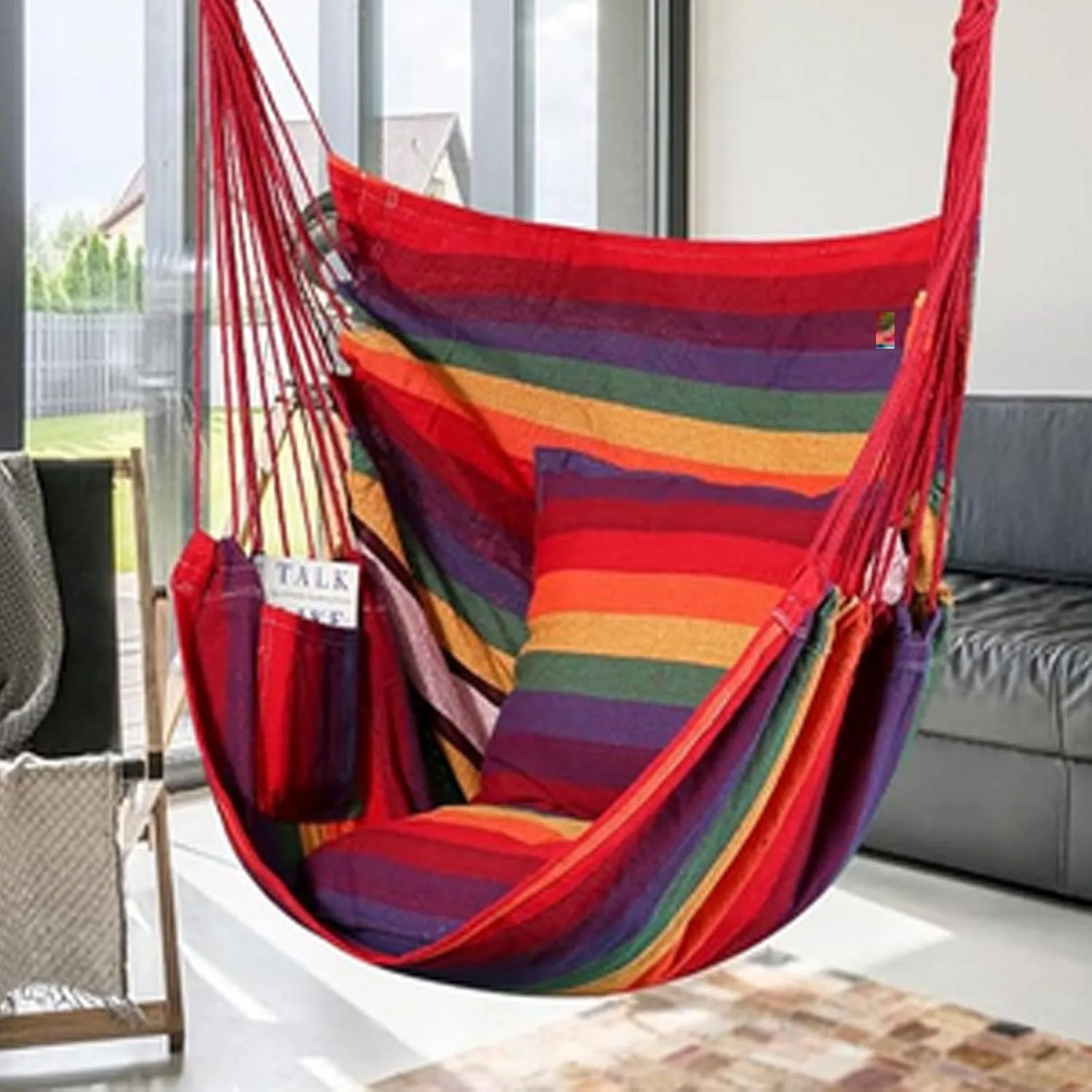 Goutime Hammock Chair,Indoor Hanging Rope Swing,Tree Swinging Chairs for Outside,Outdoor,Home, Bedroom,Patio,Yard,Garden,Balcony,Max 330 Lbs,Rainbow