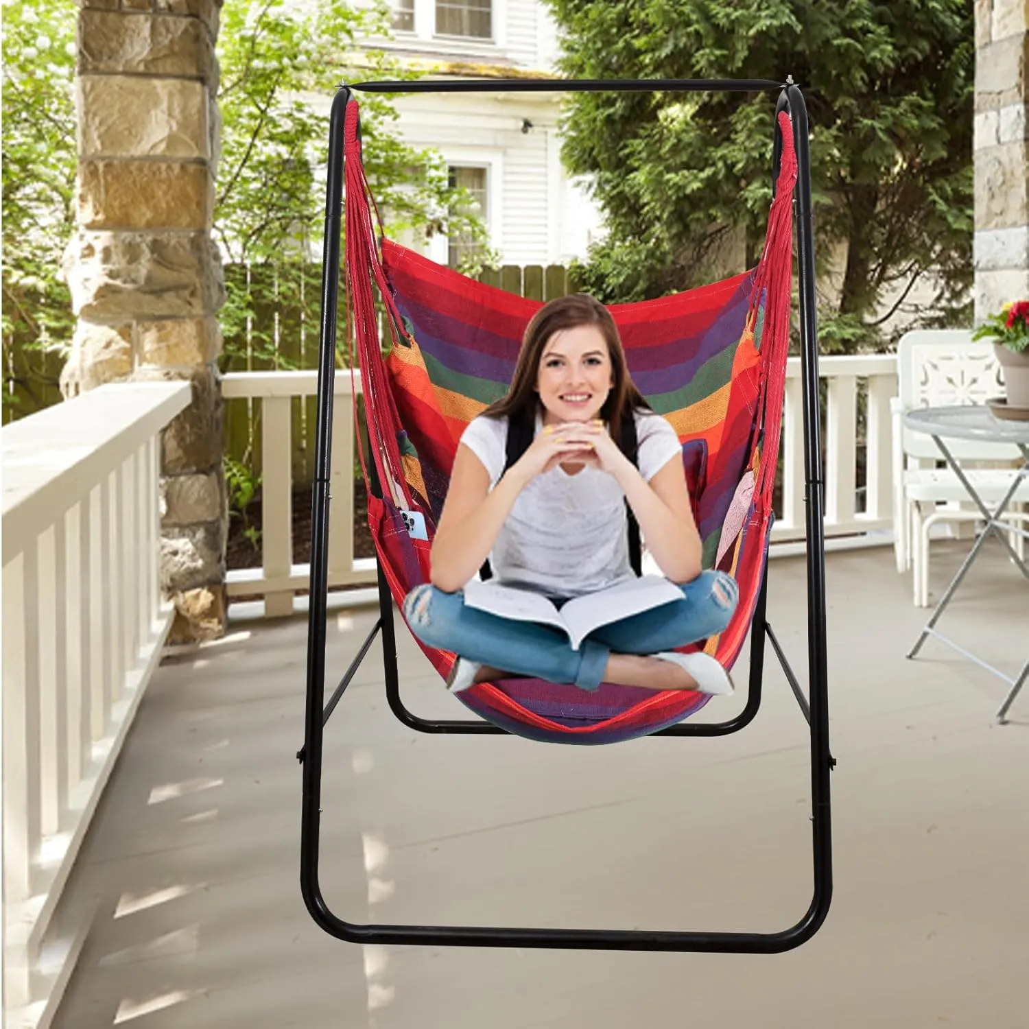 Goutime Hammock Chair,Indoor Hanging Rope Swing,Tree Swinging Chairs for Outside,Outdoor,Home, Bedroom,Patio,Yard,Garden,Balcony,Max 330 Lbs,Rainbow