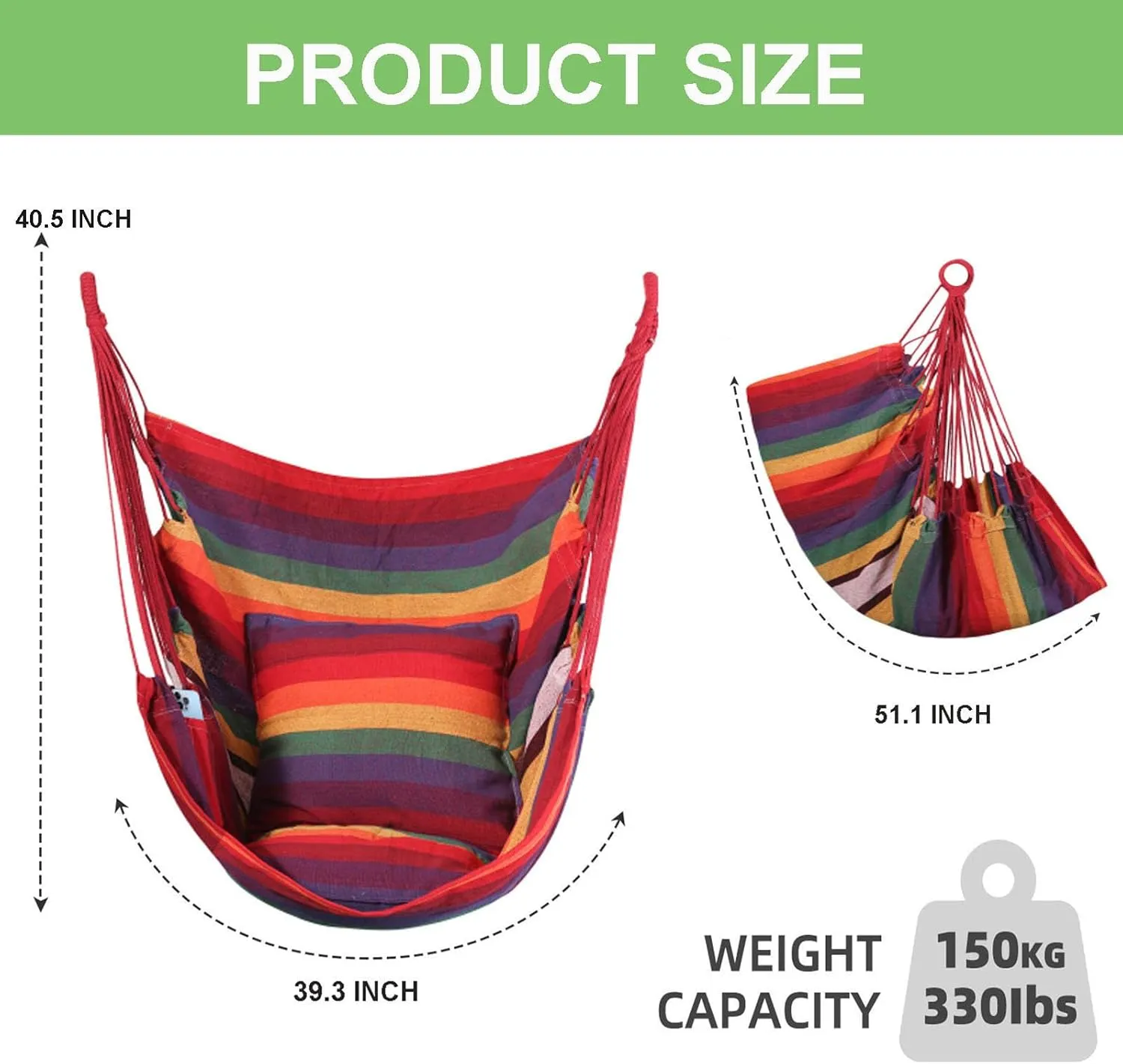 Goutime Hammock Chair,Indoor Hanging Rope Swing,Tree Swinging Chairs for Outside,Outdoor,Home, Bedroom,Patio,Yard,Garden,Balcony,Max 330 Lbs,Rainbow