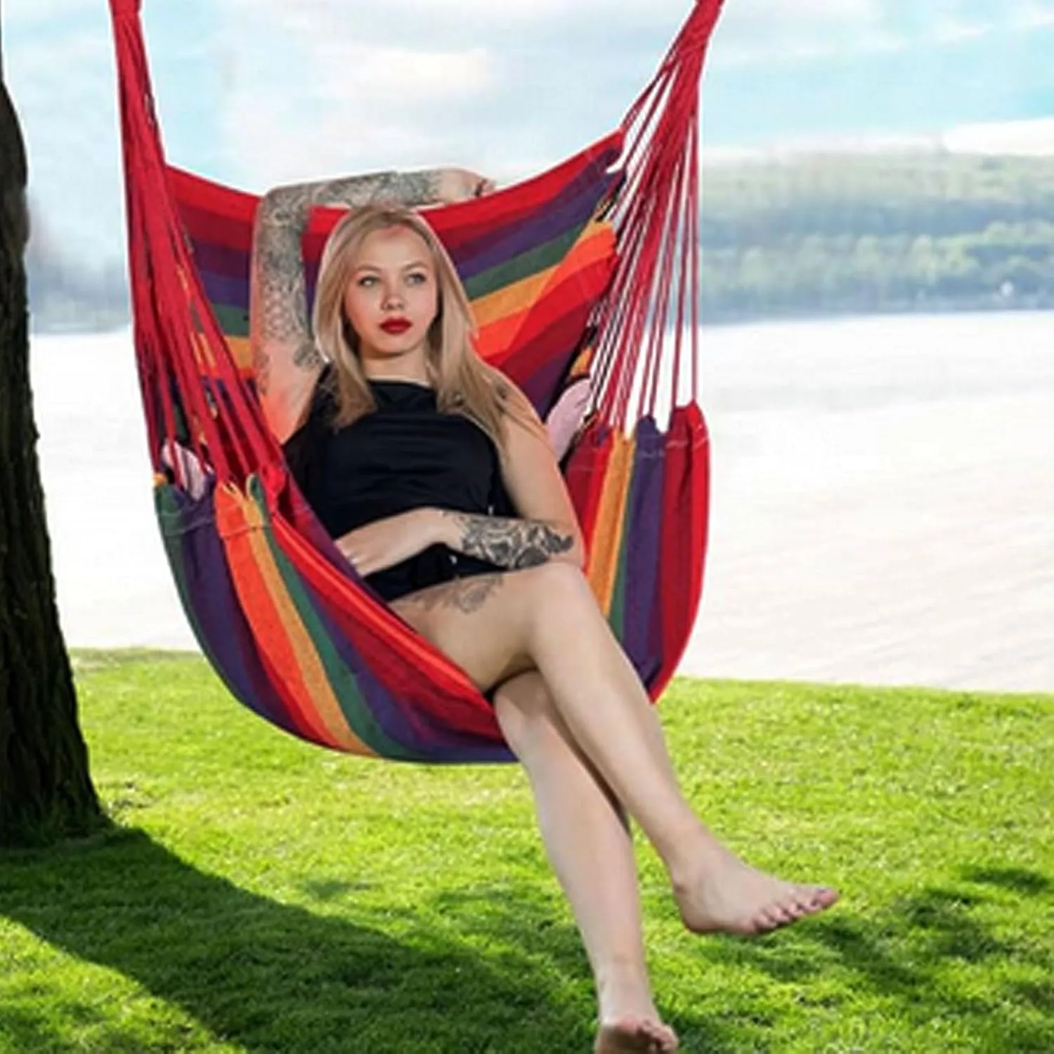 Goutime Hammock Chair,Indoor Hanging Rope Swing,Tree Swinging Chairs for Outside,Outdoor,Home, Bedroom,Patio,Yard,Garden,Balcony,Max 330 Lbs,Rainbow