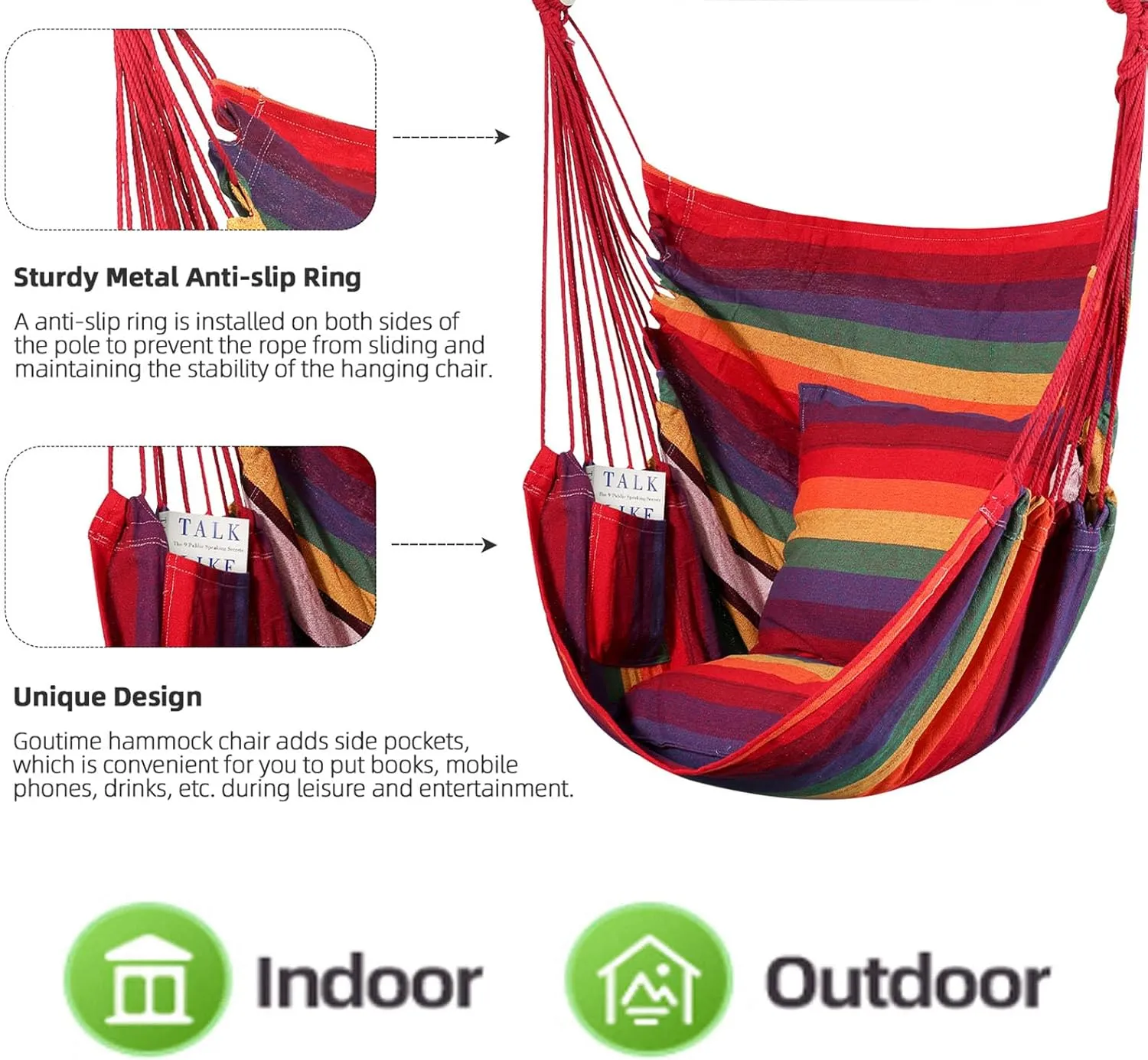 Goutime Hammock Chair,Indoor Hanging Rope Swing,Tree Swinging Chairs for Outside,Outdoor,Home, Bedroom,Patio,Yard,Garden,Balcony,Max 330 Lbs,Rainbow