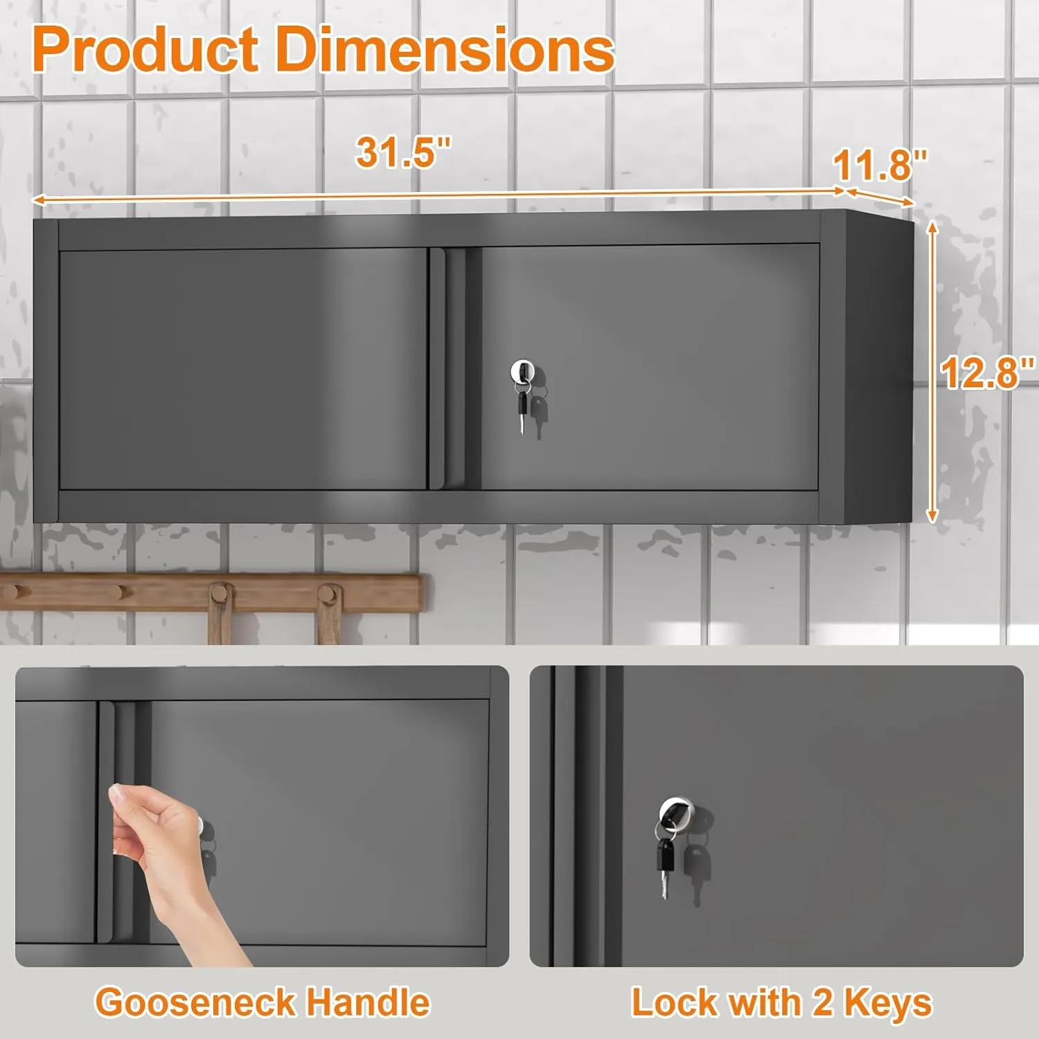 GREATMEET Metal Wall Cabinet, Garage Storage Cabinet, Wall Mounted Storage Cabinet with Doors and Shelves for Garage, Hanging Floating (Black, 13" H)