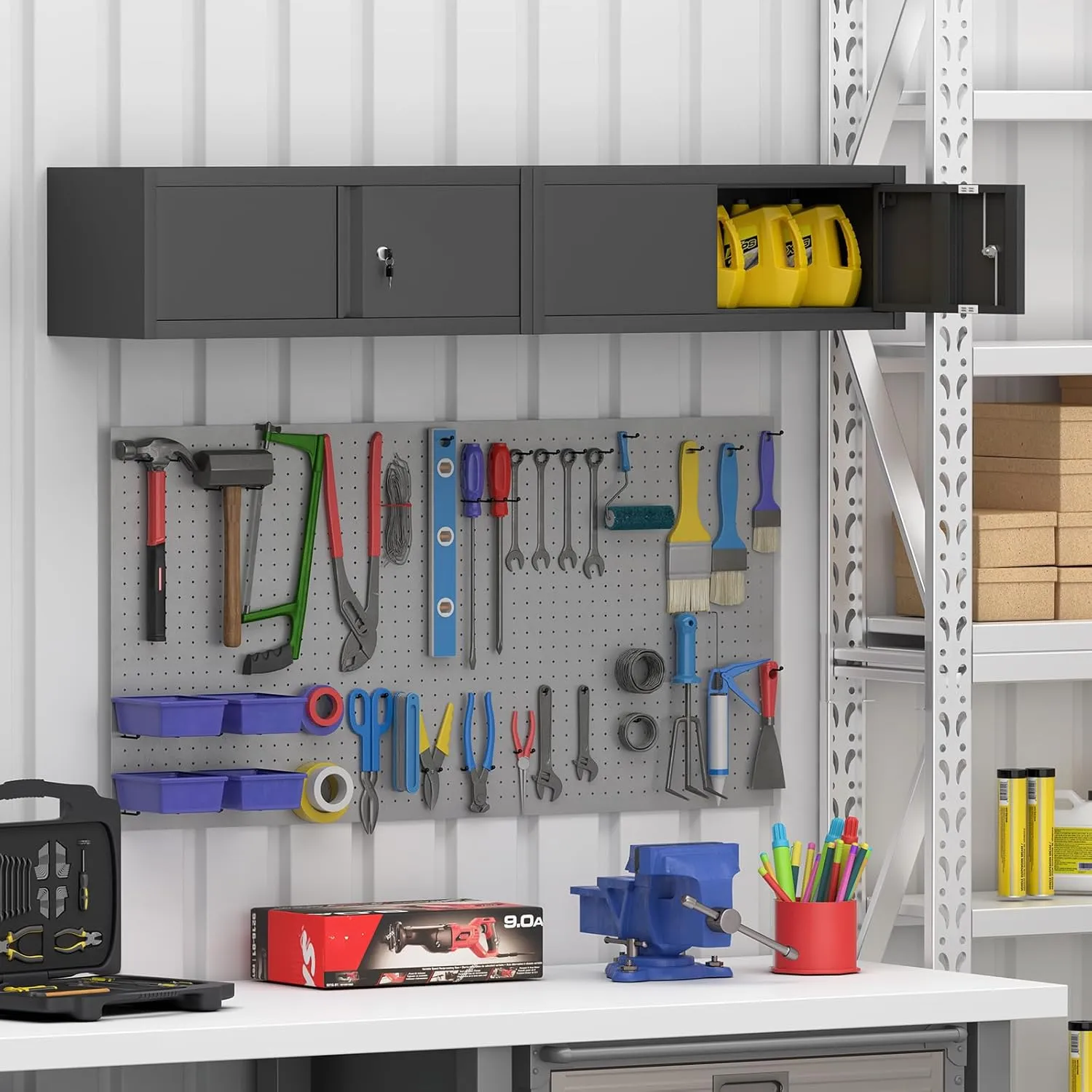 GREATMEET Metal Wall Cabinet, Garage Storage Cabinet, Wall Mounted Storage Cabinet with Doors and Shelves for Garage, Hanging Floating (Black, 13" H)