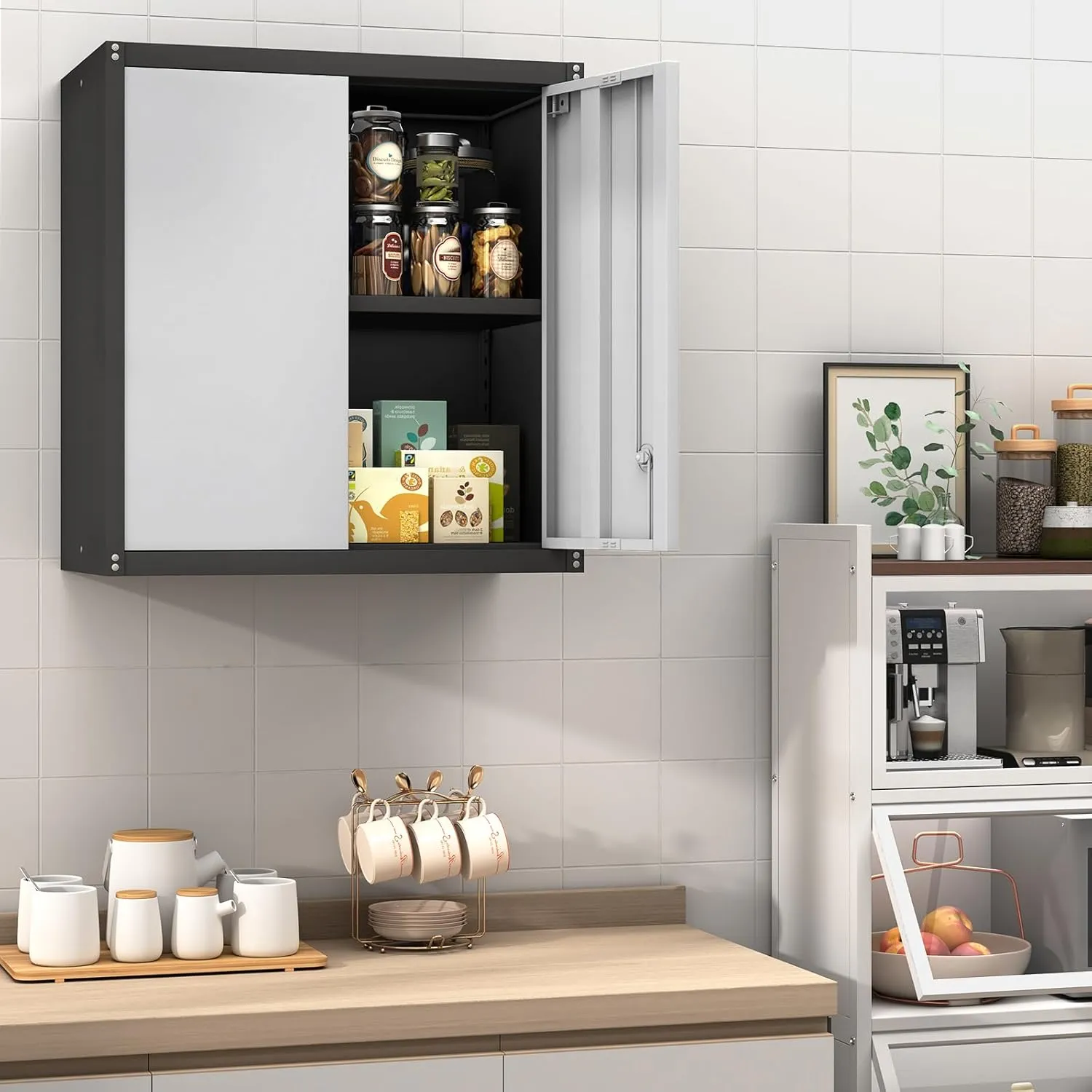 GREATMEET Metal Wall Cabinet, Wall Mount Metal Storage Cabinet with Doors, Locking for Home Office, Garage, Utility Room