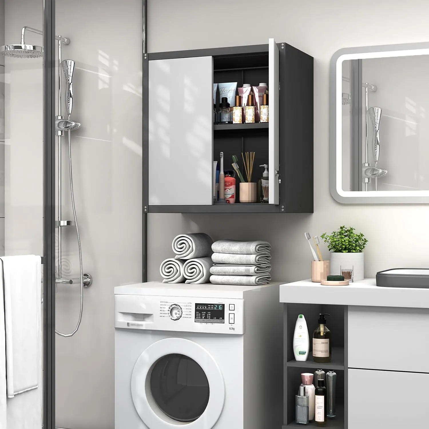 GREATMEET Metal Wall Cabinet, Wall Mount Metal Storage Cabinet with Doors, Locking for Home Office, Garage, Utility Room