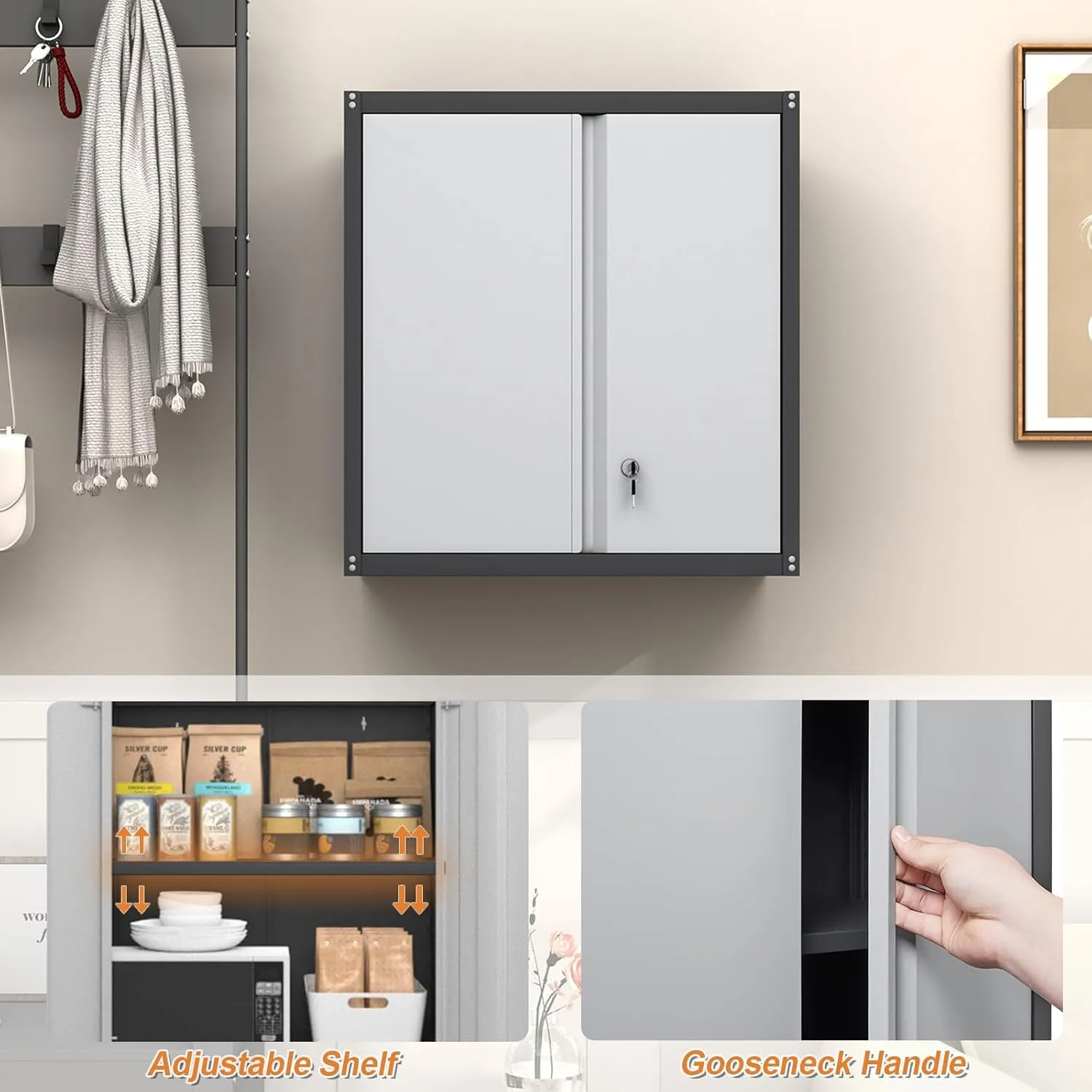 GREATMEET Metal Wall Cabinet, Wall Mount Metal Storage Cabinet with Doors, Locking for Home Office, Garage, Utility Room