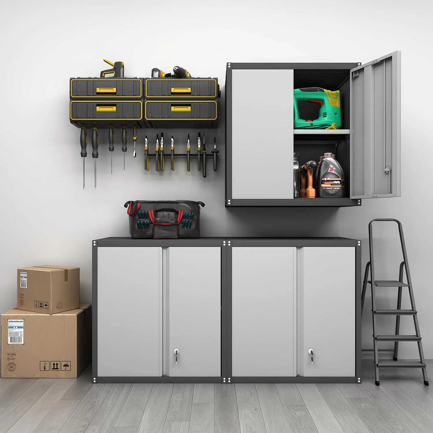 GREATMEET Metal Wall Cabinet, Wall Mount Metal Storage Cabinet with Doors, Locking for Home Office, Garage, Utility Room