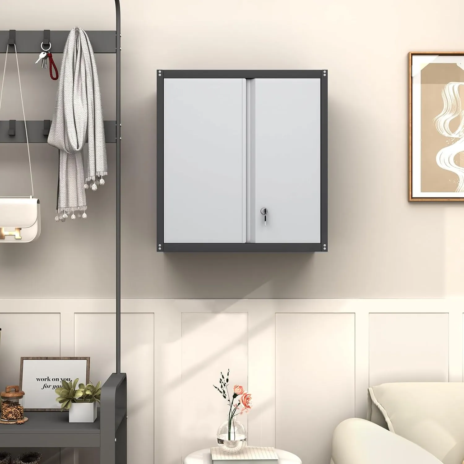 GREATMEET Metal Wall Cabinet, Wall Mount Metal Storage Cabinet with Doors, Locking for Home Office, Garage, Utility Room