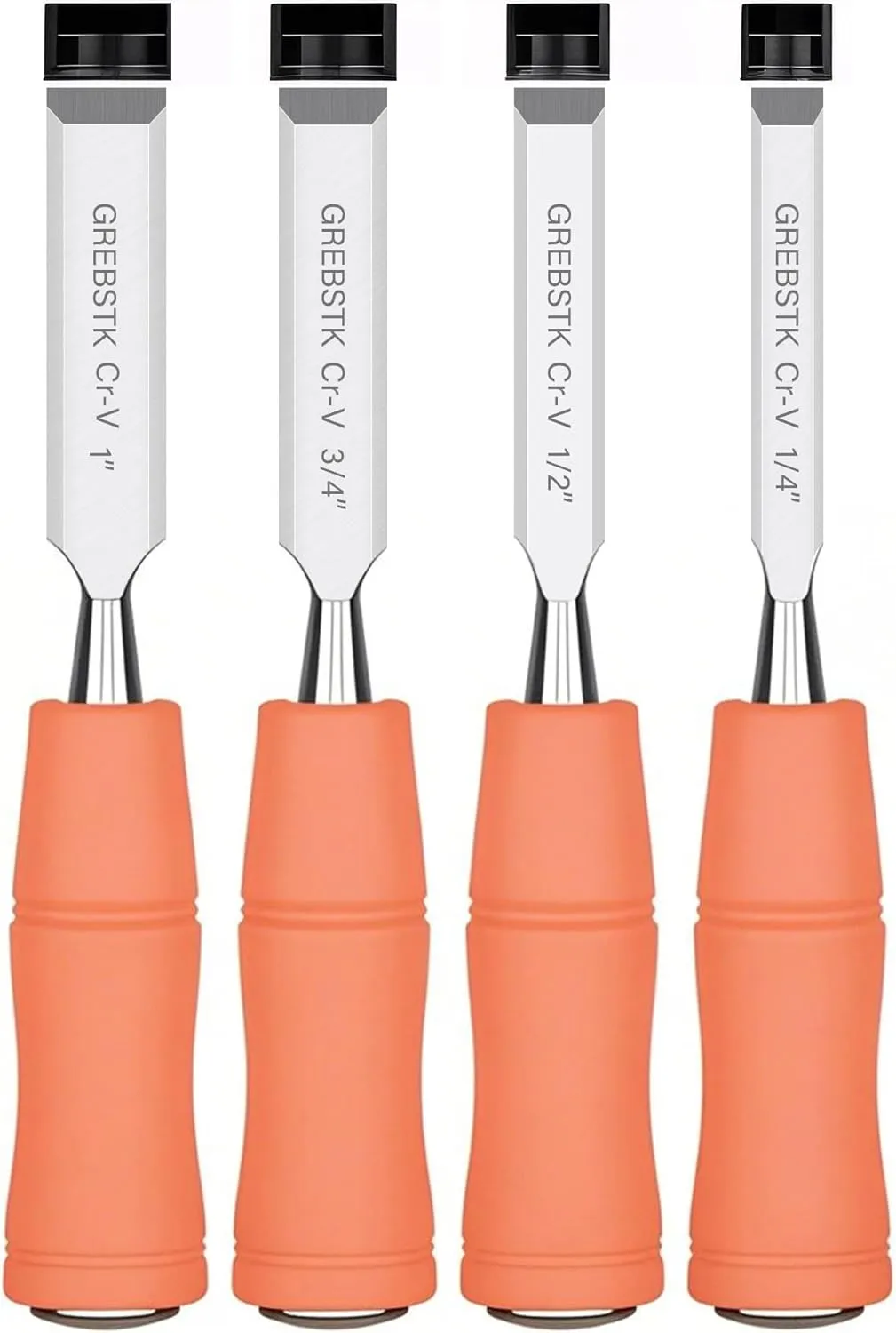GREBSTK 4 Pcs Wood Chisel Set, CRV Steel Bevel Sharp Edge Bench Chisels with Edge Cover, Comfortful Rubber Handle with Metal Striking Cap, for Woodworking and DIY Projects (1/4", 1/2", 3/4", 1")