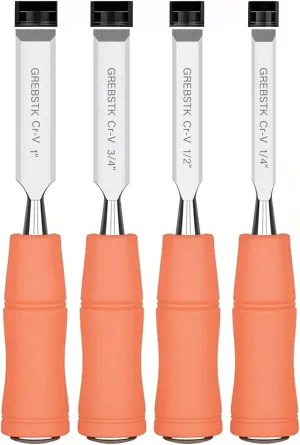 GREBSTK 4 Pcs Wood Chisel Set, CRV Steel Bevel Sharp Edge Bench Chisels with Edge Cover, Comfortful Rubber Handle with Metal Striking Cap, for Woodworking and DIY Projects (1/4", 1/2", 3/4", 1")