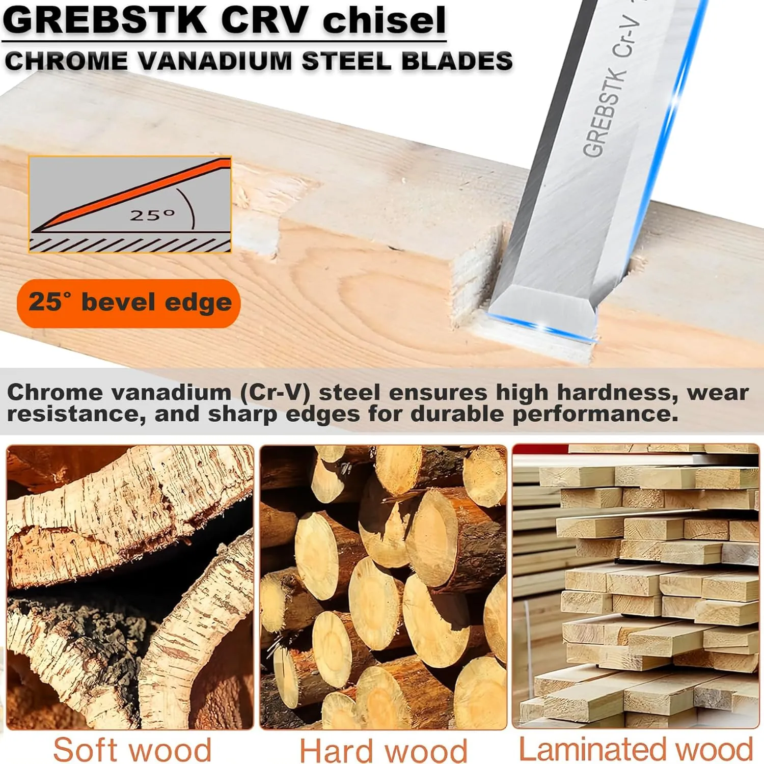 GREBSTK 4 Pcs Wood Chisel Set, CRV Steel Bevel Sharp Edge Bench Chisels with Edge Cover, Comfortful Rubber Handle with Metal Striking Cap, for Woodworking and DIY Projects (1/4", 1/2", 3/4", 1")